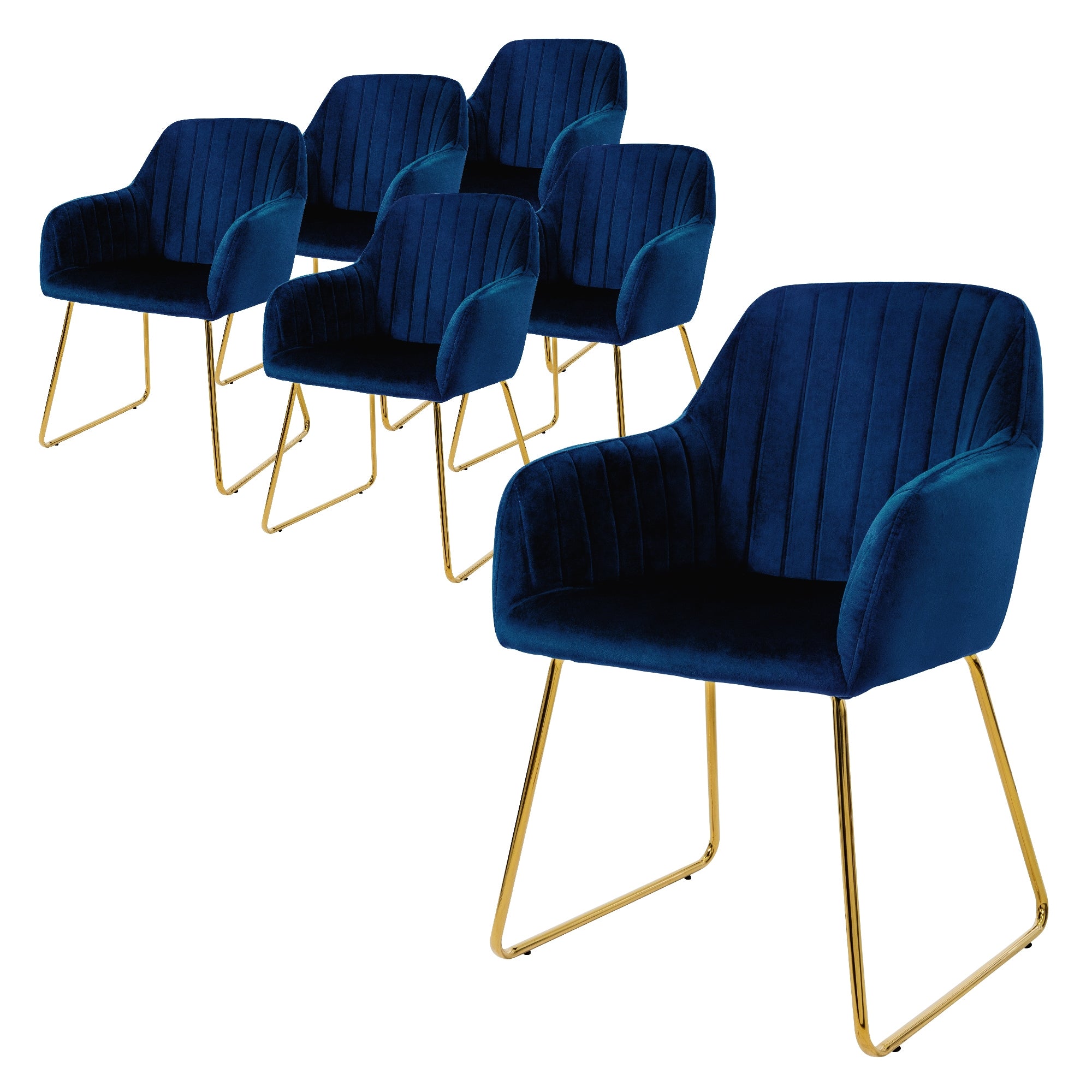 ECD Germany Chaise salle à manger velours bleu pieds dorés 6 pièces