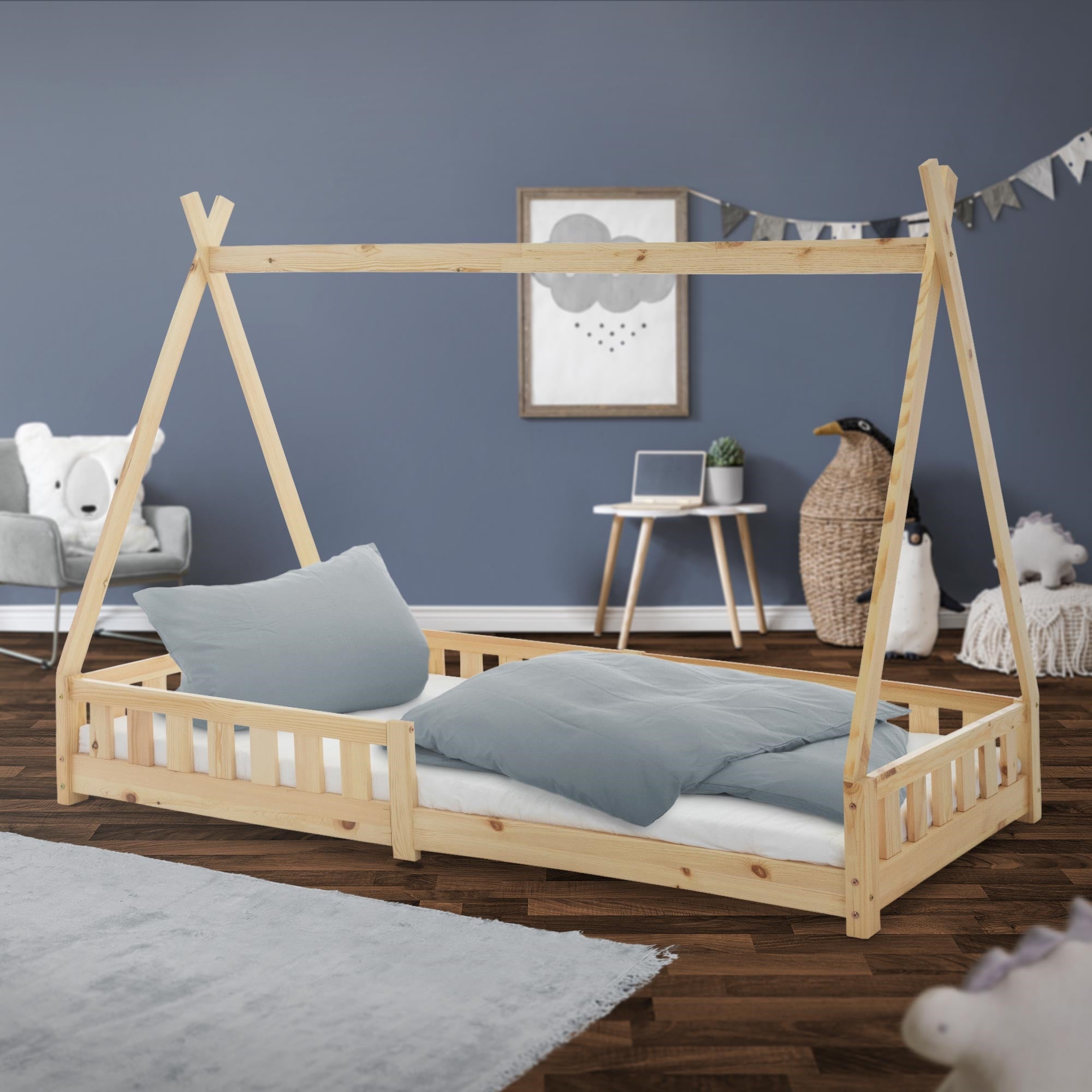 ECD Germany Kinder Lit Tipi 90x200 cm Pin avec Sommier