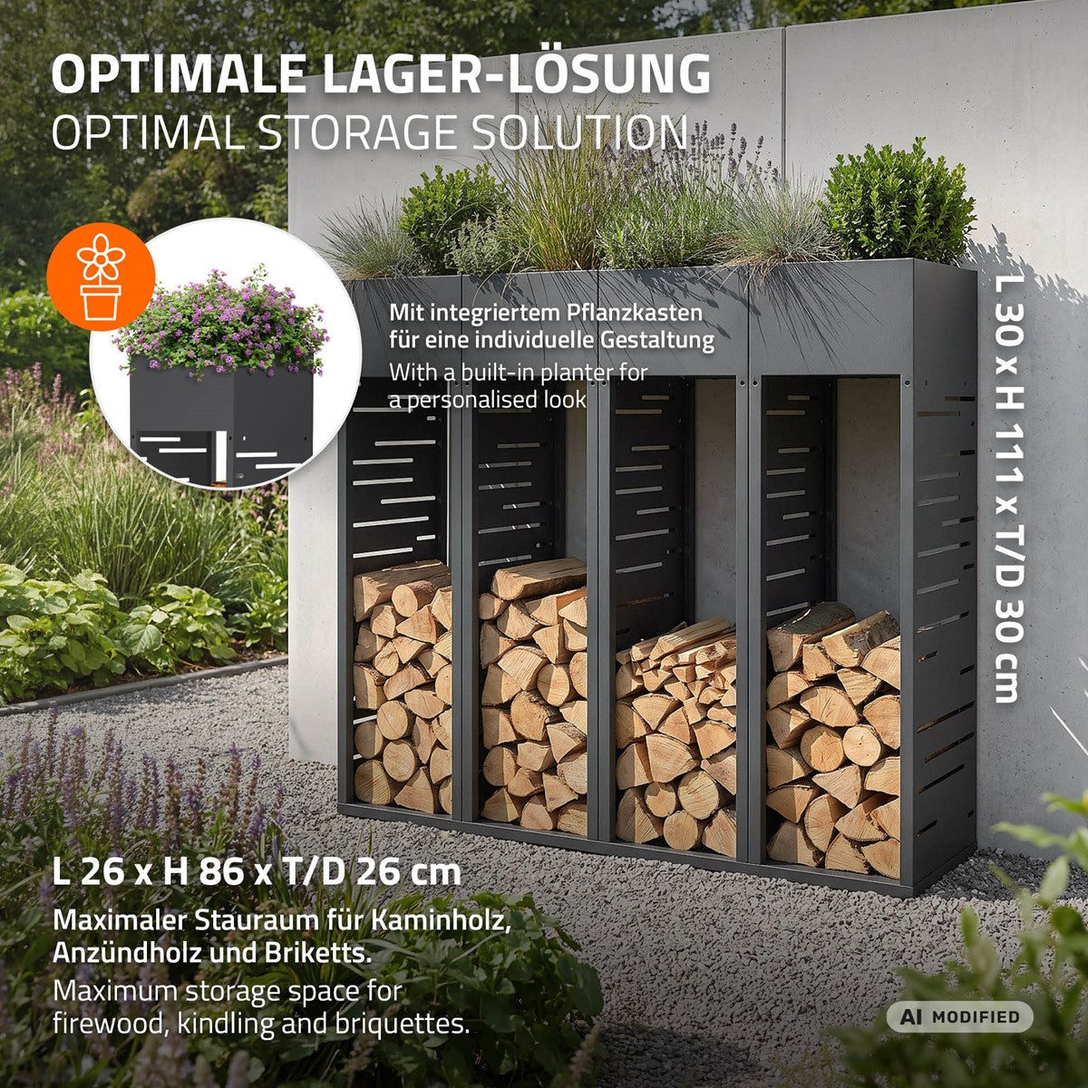 ECD Germany porte-bûches grille anthracite 30x111 cm acier jardinière