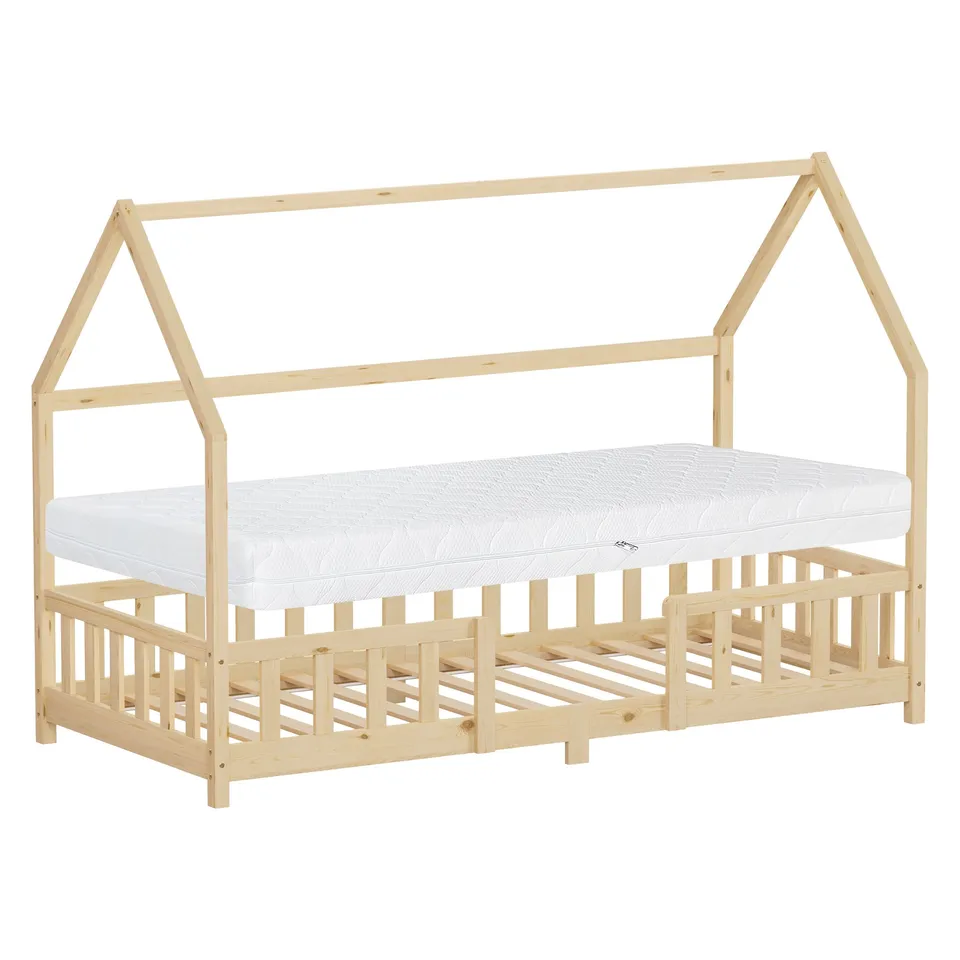 ECD Germany Kinder lit cabane 90x200 cm naturel avec matelas 16 cm