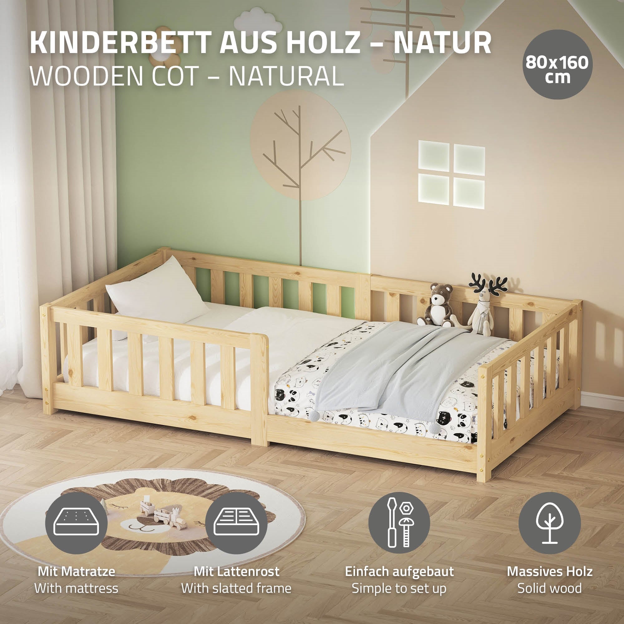 ECD Germany lit enfant 80x160 pin naturel avec matelas 10 cm