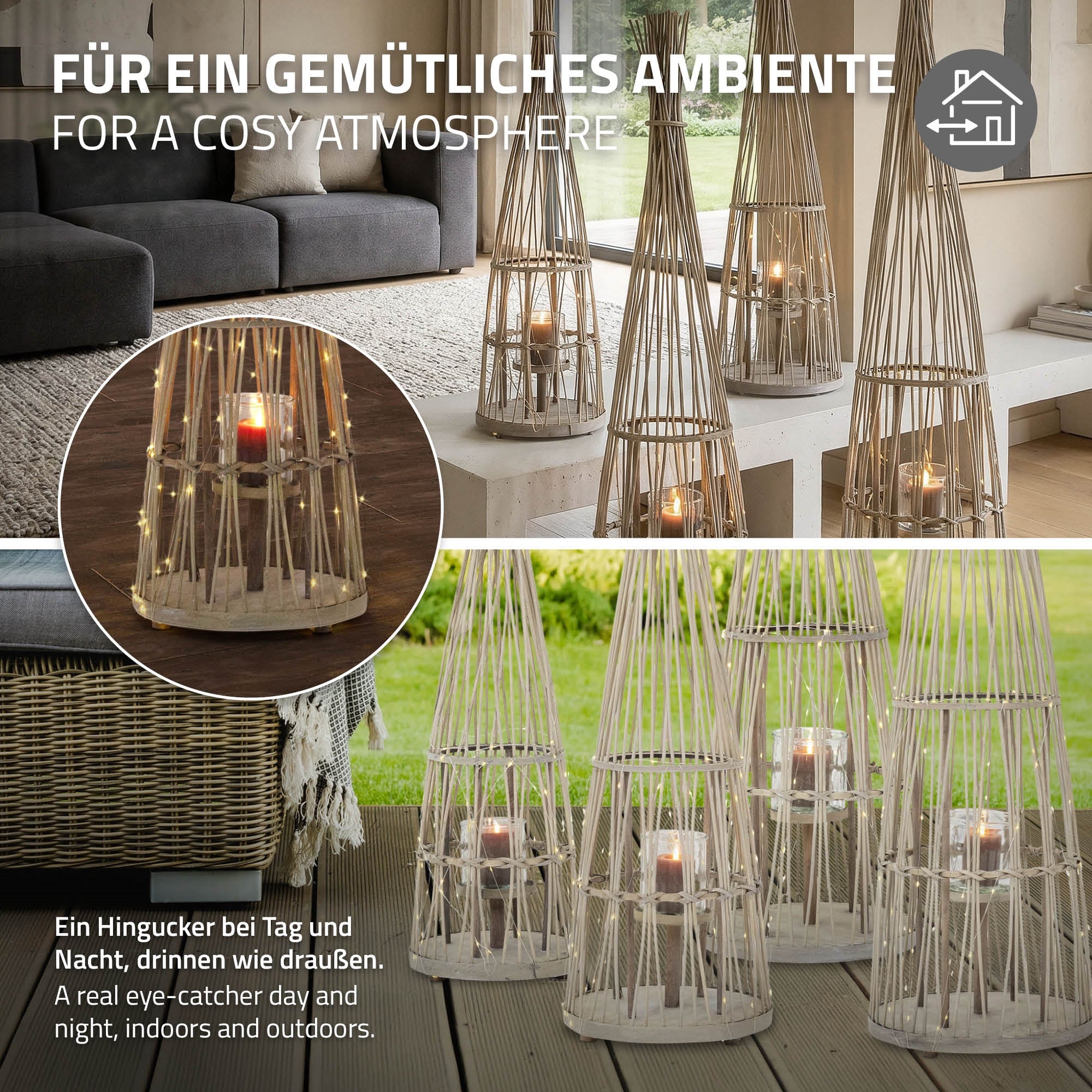 ECD Germany Garten lanterne bambou 110 cm LED verre tressée
