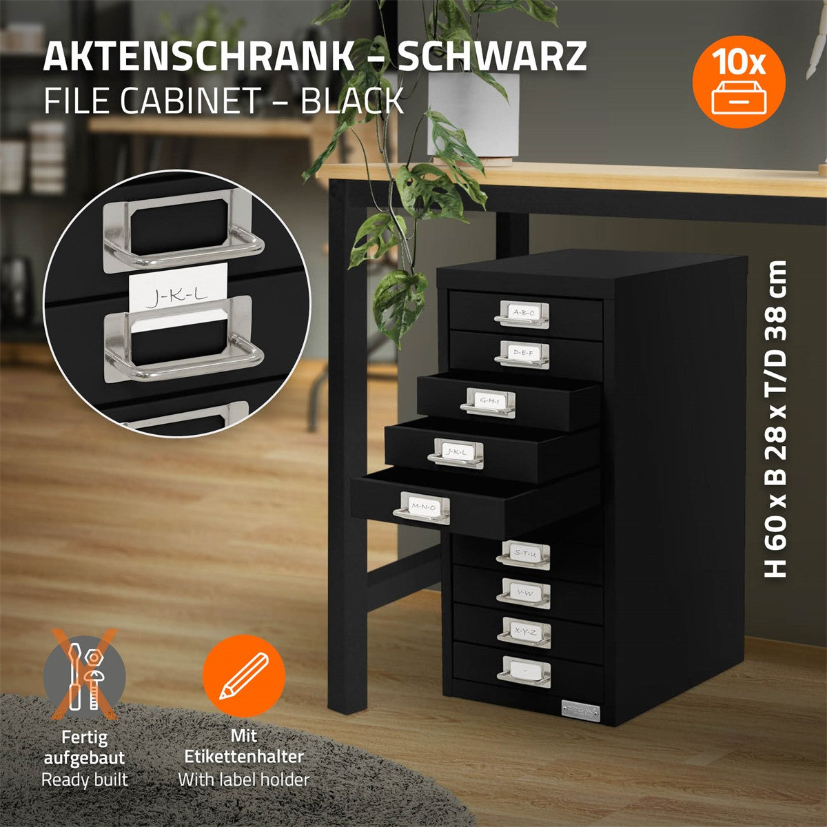 ECD Germany Caisson 10 Tiroirs Bureau Acier Noir 28x38x60 cm