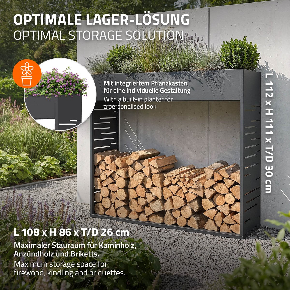 ECD Germany Garten porte-bûches 112x111 cm anthracite avec jardinière