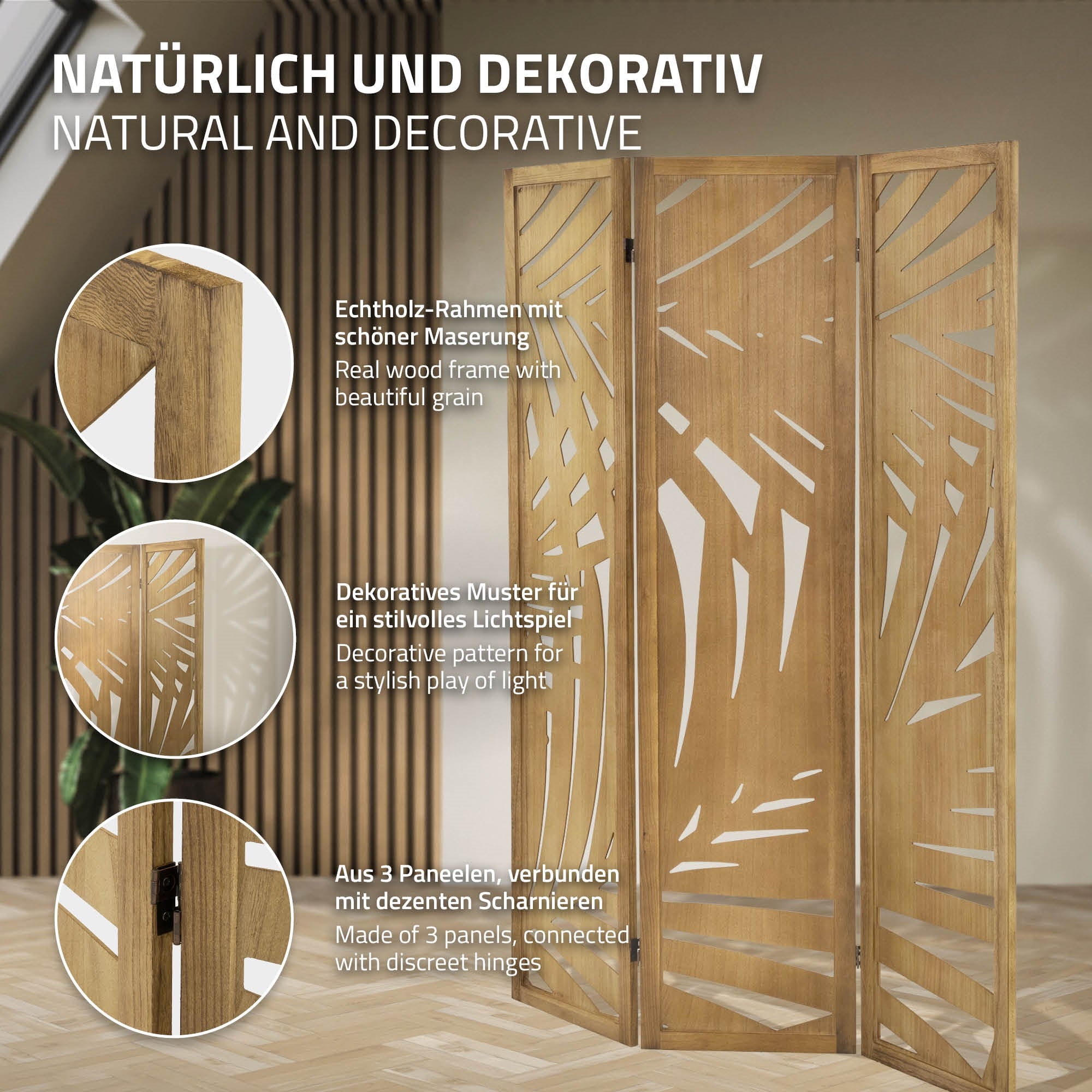 ECD Germany Sapporo Paravent bois 170x121 cm marron 3 pans