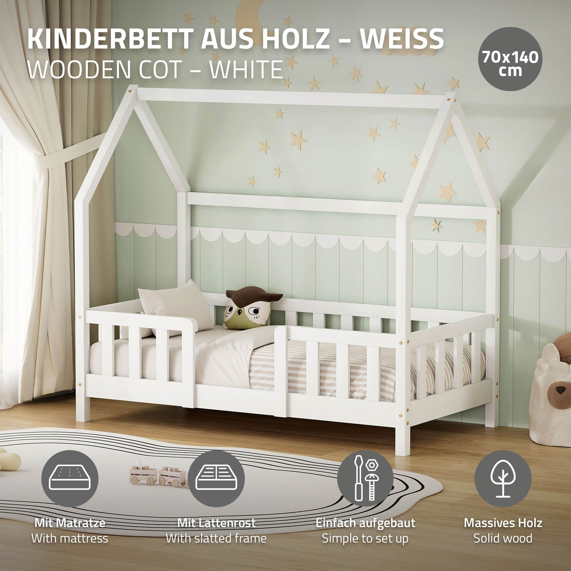 ECD Kinder Lit Cabane Enfant 70x140 cm Blanc Pin + Matelas 10 cm
