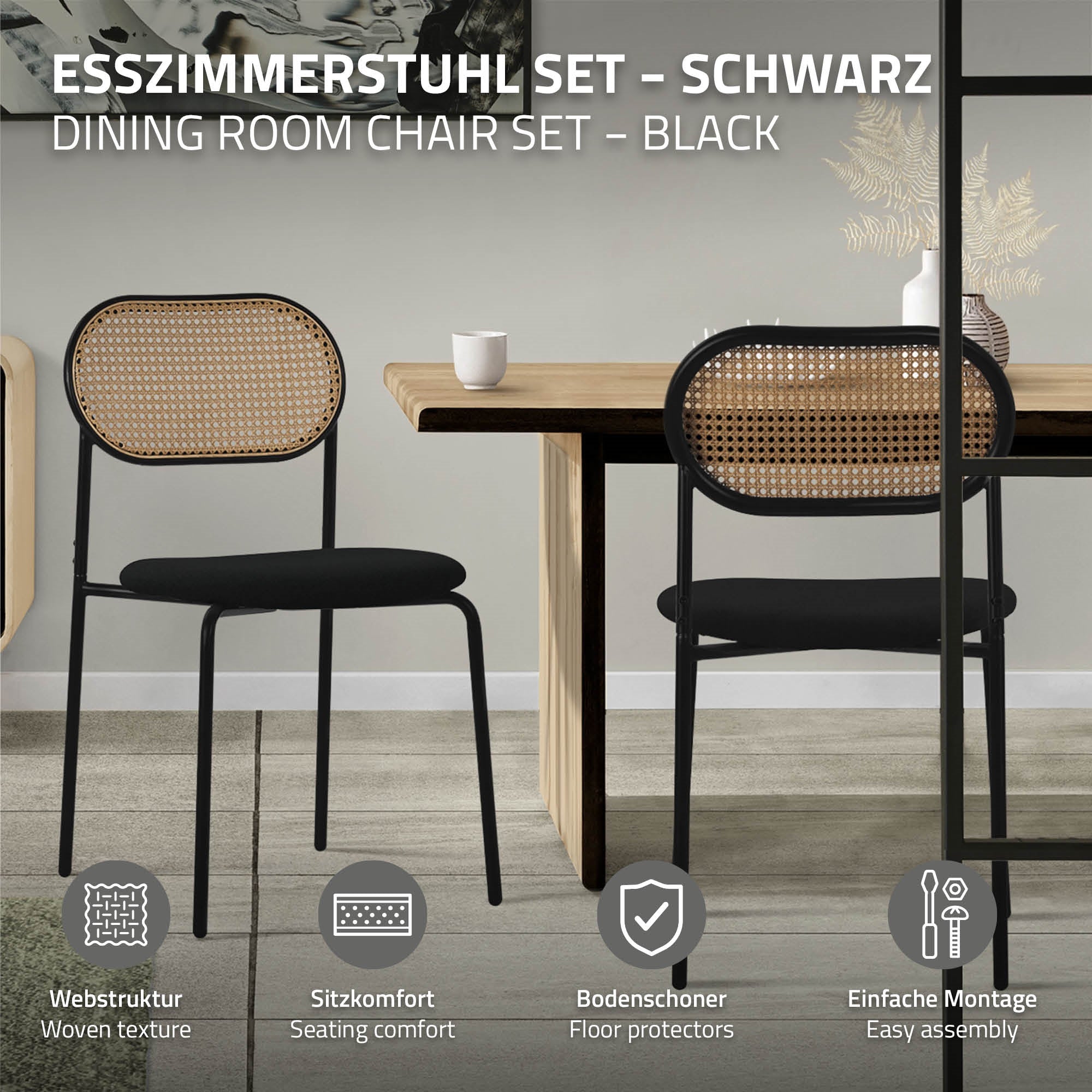 ECD Germany Chaise Salle à Manger Rotin Noir 4pcs 120kg
