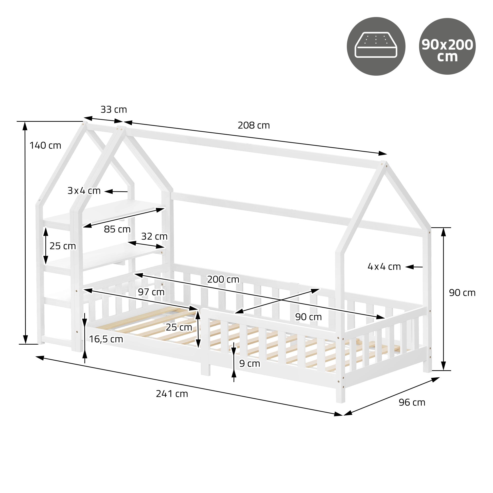 ECD Germany Kinder lit cabane enfant pin blanc 90x200 avec étagère
