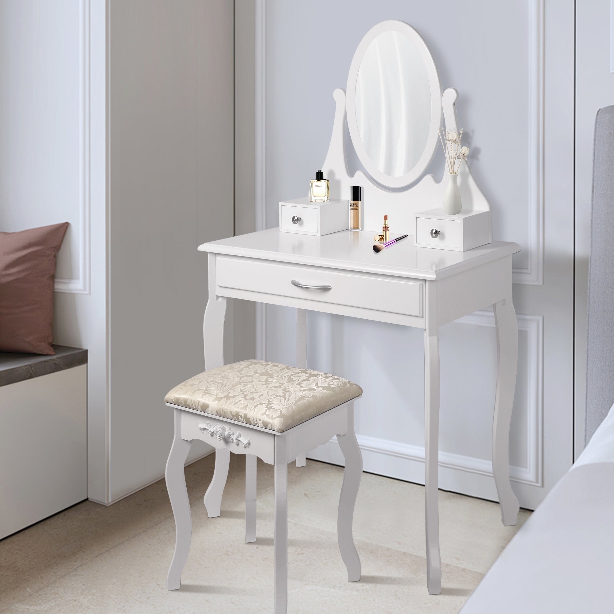 ECD Germany Möbel coiffeuse blanche 75x140x40 miroir 3 tiroirs tabouret