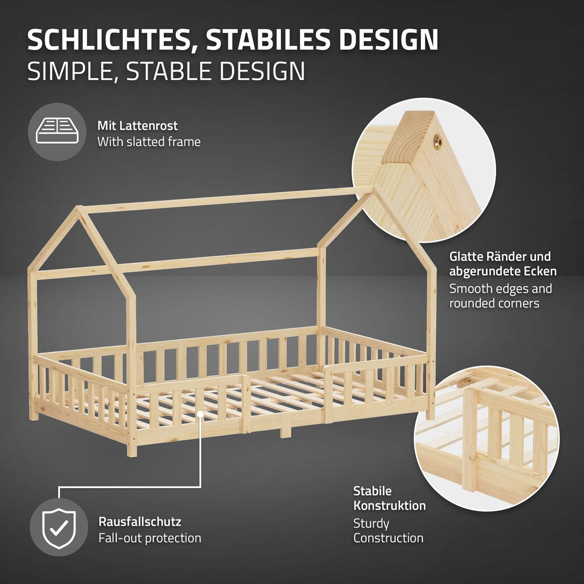 ECD Germany Kinder lit cabane 120x200 pin naturel avec sommier