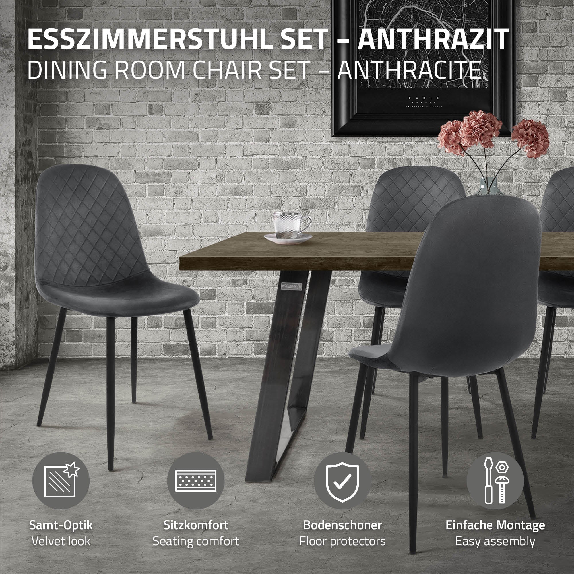 ECD Germany Möbel ML-Design chaise velours anthracite lot de 4 matelassée