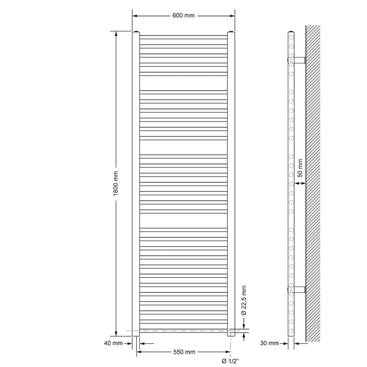 ECD Germany LuxeBath 600x1800 mm seche-serviettes chrome 1200W thermostat