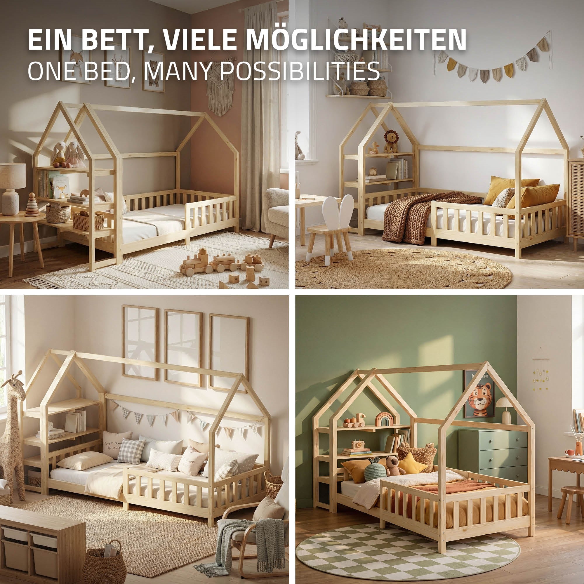 ML-Design lit cabane enfant pin 90x200 barrière étagère sommier