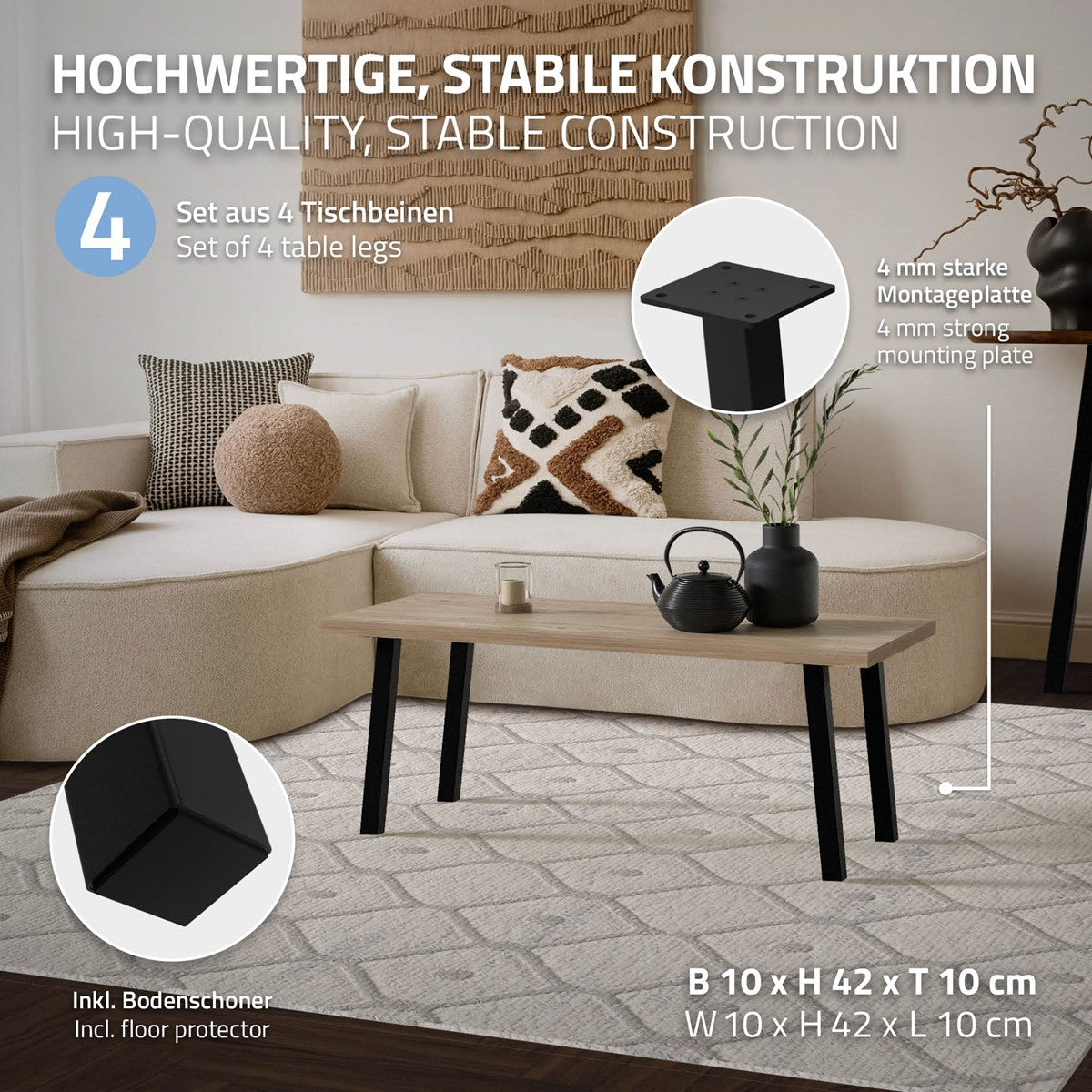 ML-Design Pied table acier incliné noir 72cm lot 4 design I