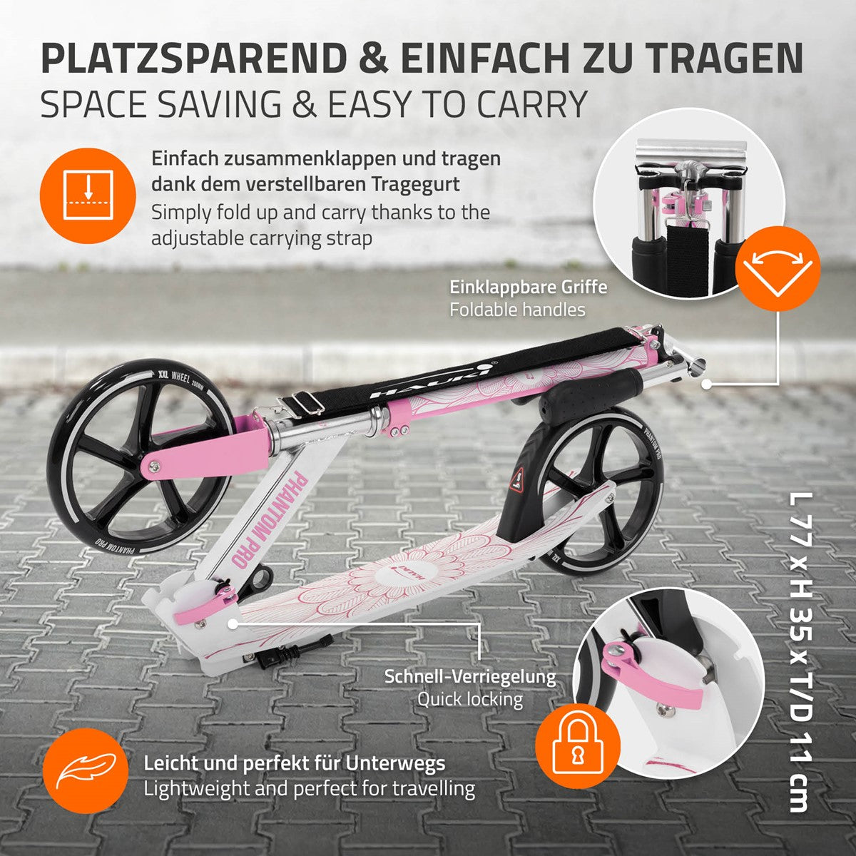 Hauki trottinette city rose pliable roues XXL 20 cm adulte enfant