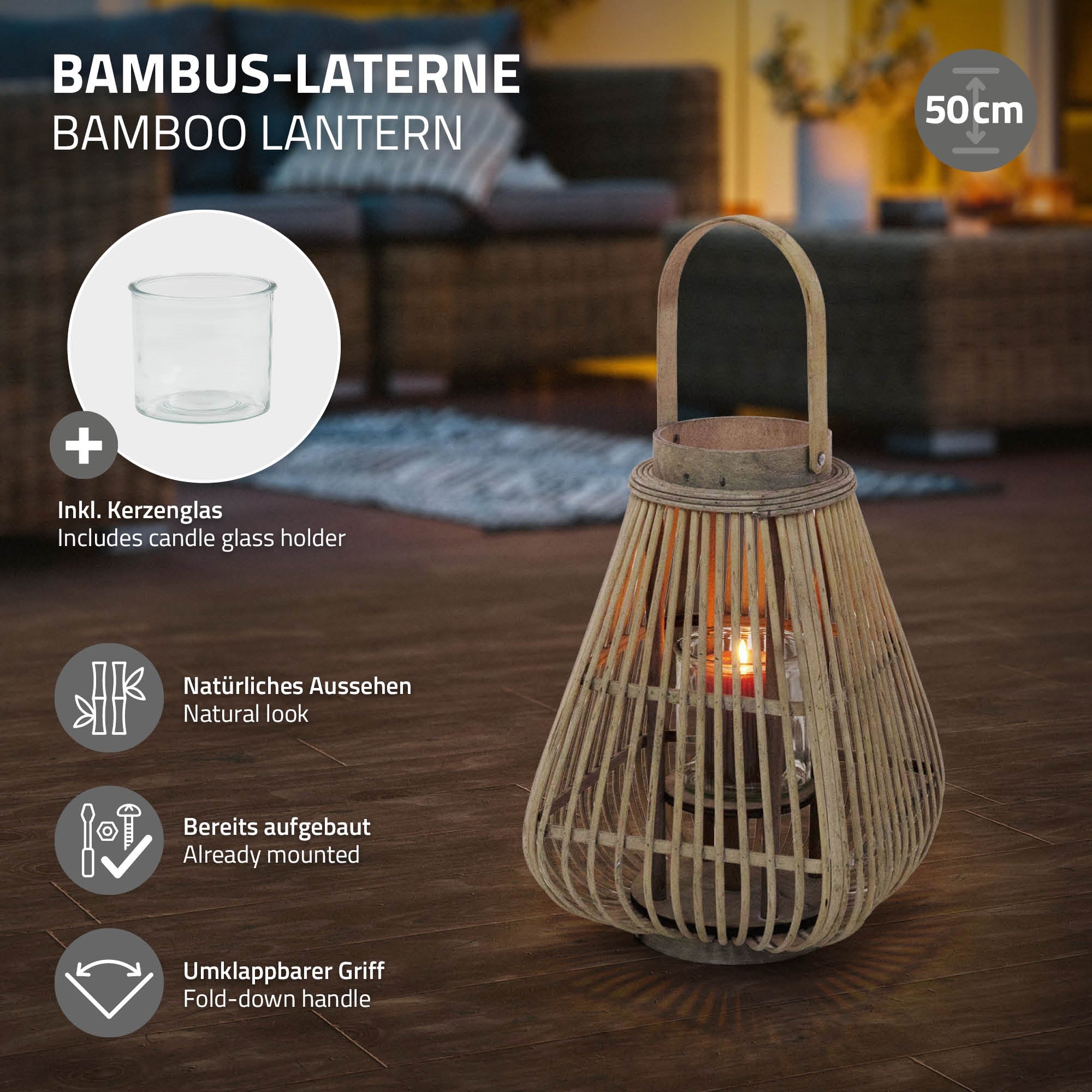 ECD Germany Garten lanterne bambou 50 cm photophore bois
