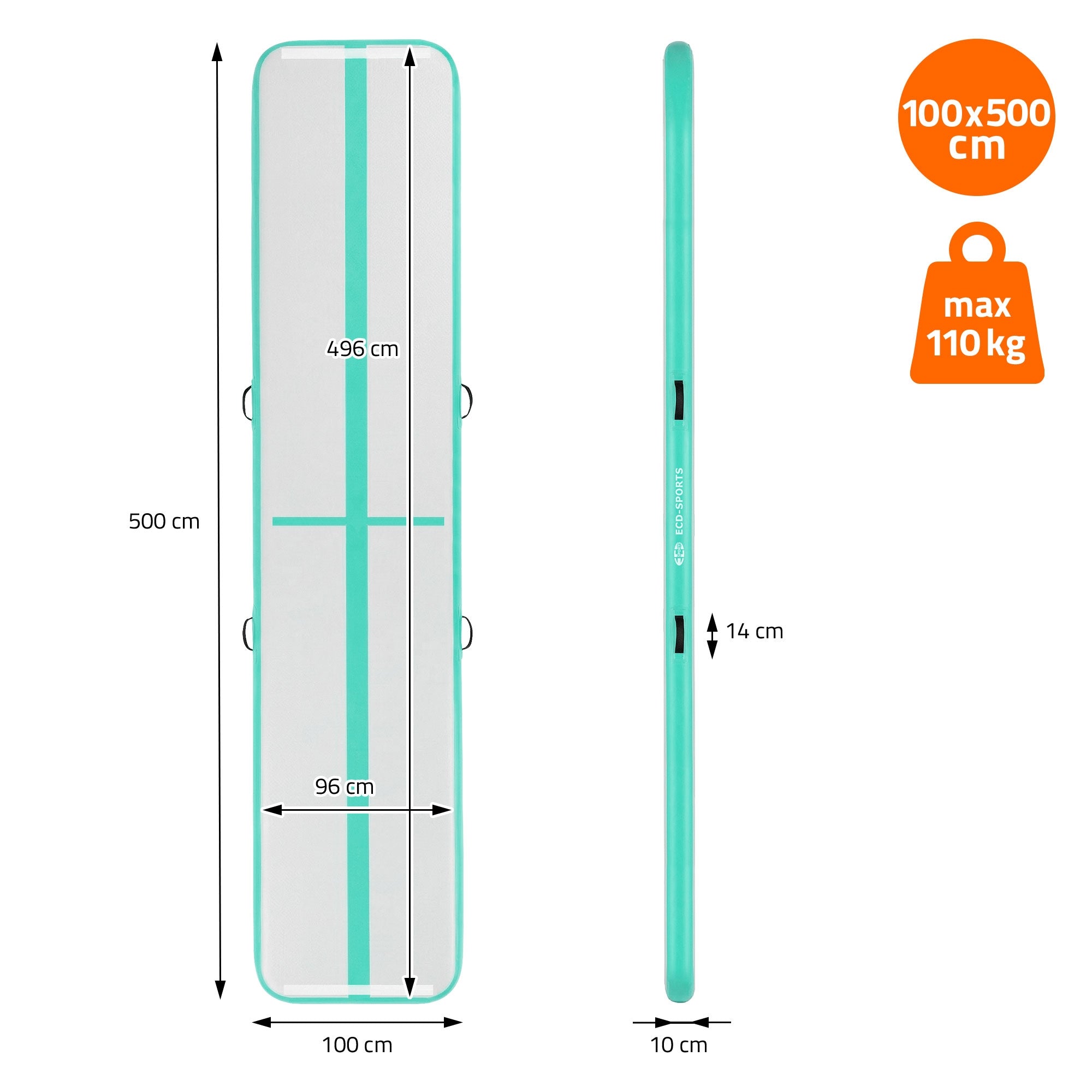 ECD Germany Sport Freizeit Airtrack 5m Tapis Gym Mint 500x100x10cm