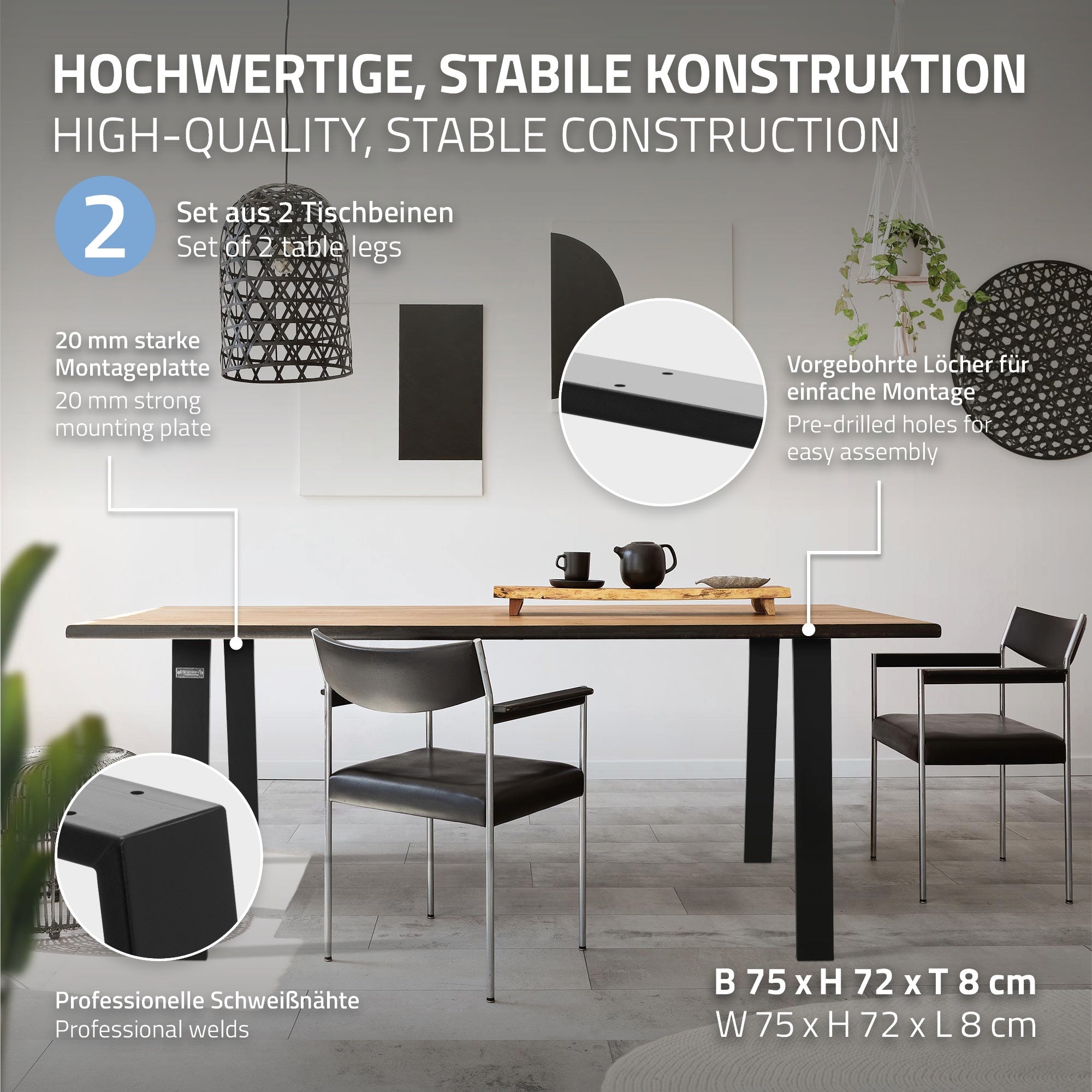 ML-Design Loft pieds table U 75x72 cm acier noir lot 2