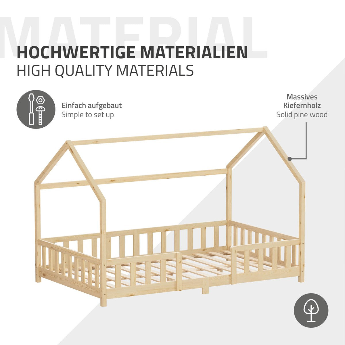 ECD Germany Kinder lit cabane 120x200 pin naturel avec sommier