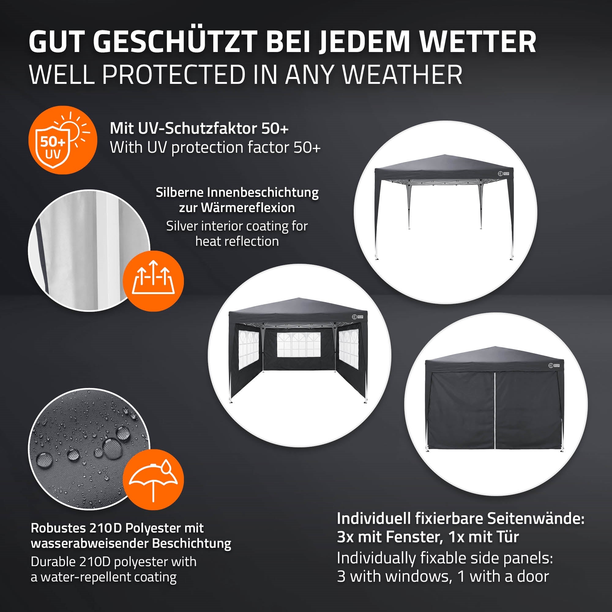 ECD Germany pavillon pliant 3x3 m anthracite avec parois polyester