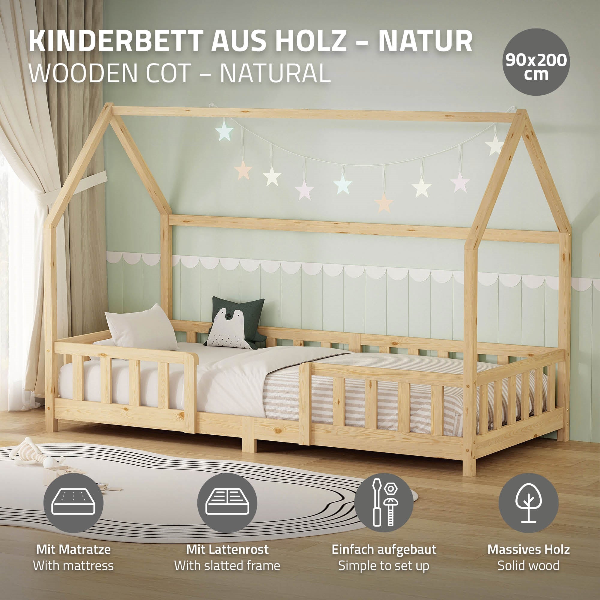 ECD Germany Kinder lit cabane 90x200 cm naturel avec matelas 16 cm