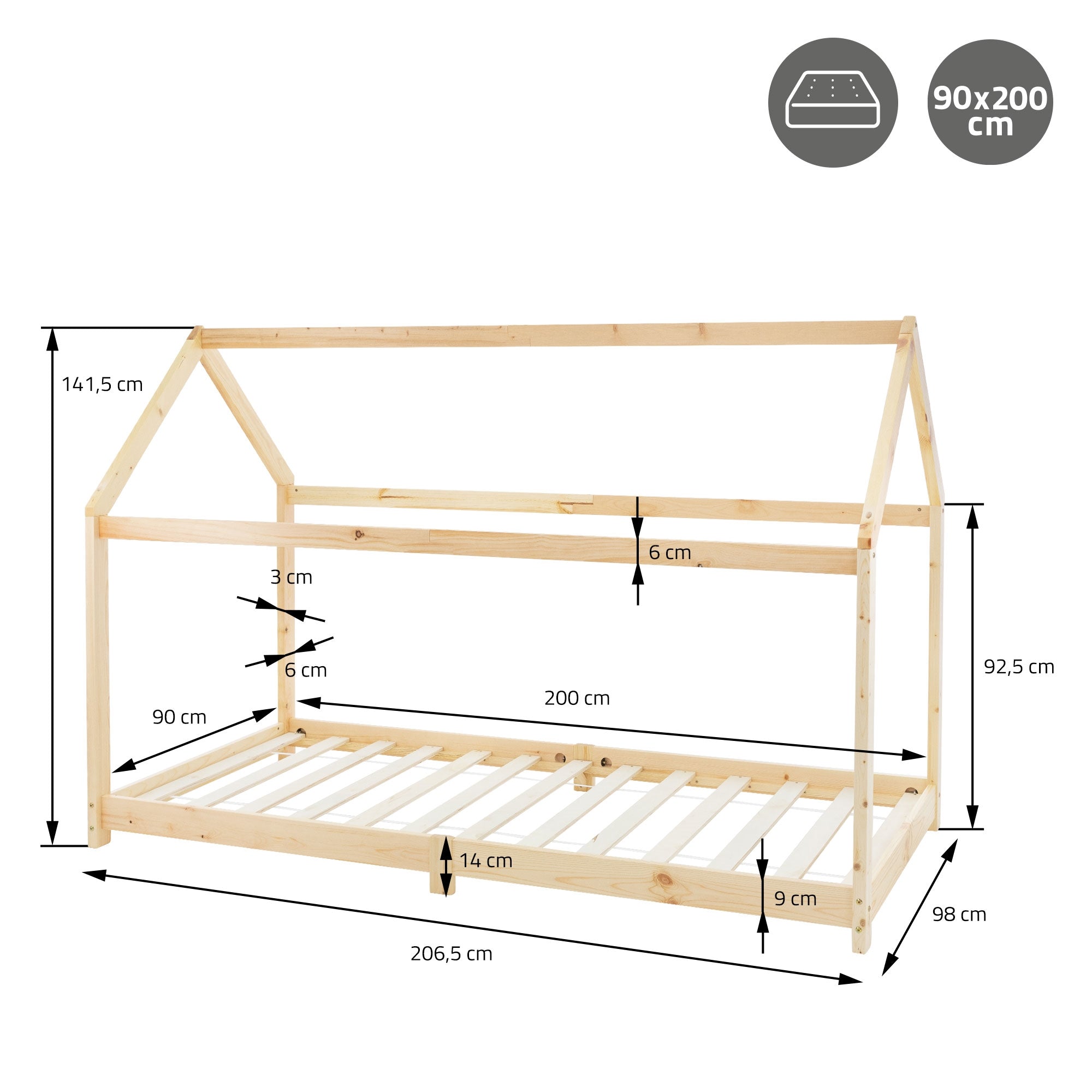 ECD Germany Kinder lit cabane 90x200 pin avec toit