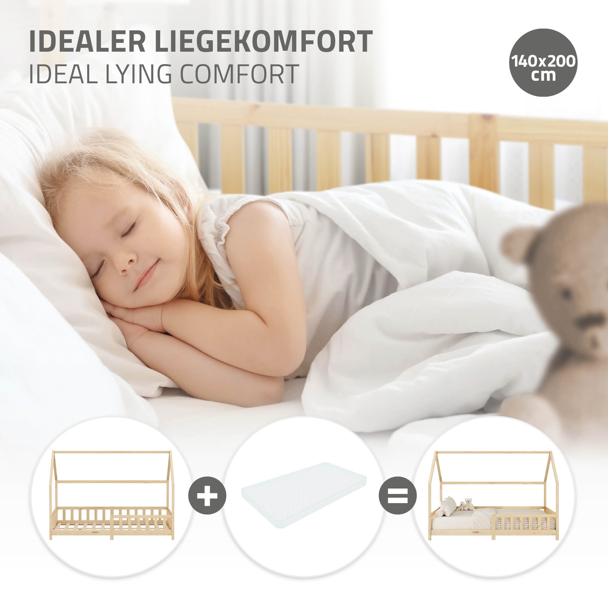 ECD Germany Lit cabane enfant 140x200 pin naturel barrière
