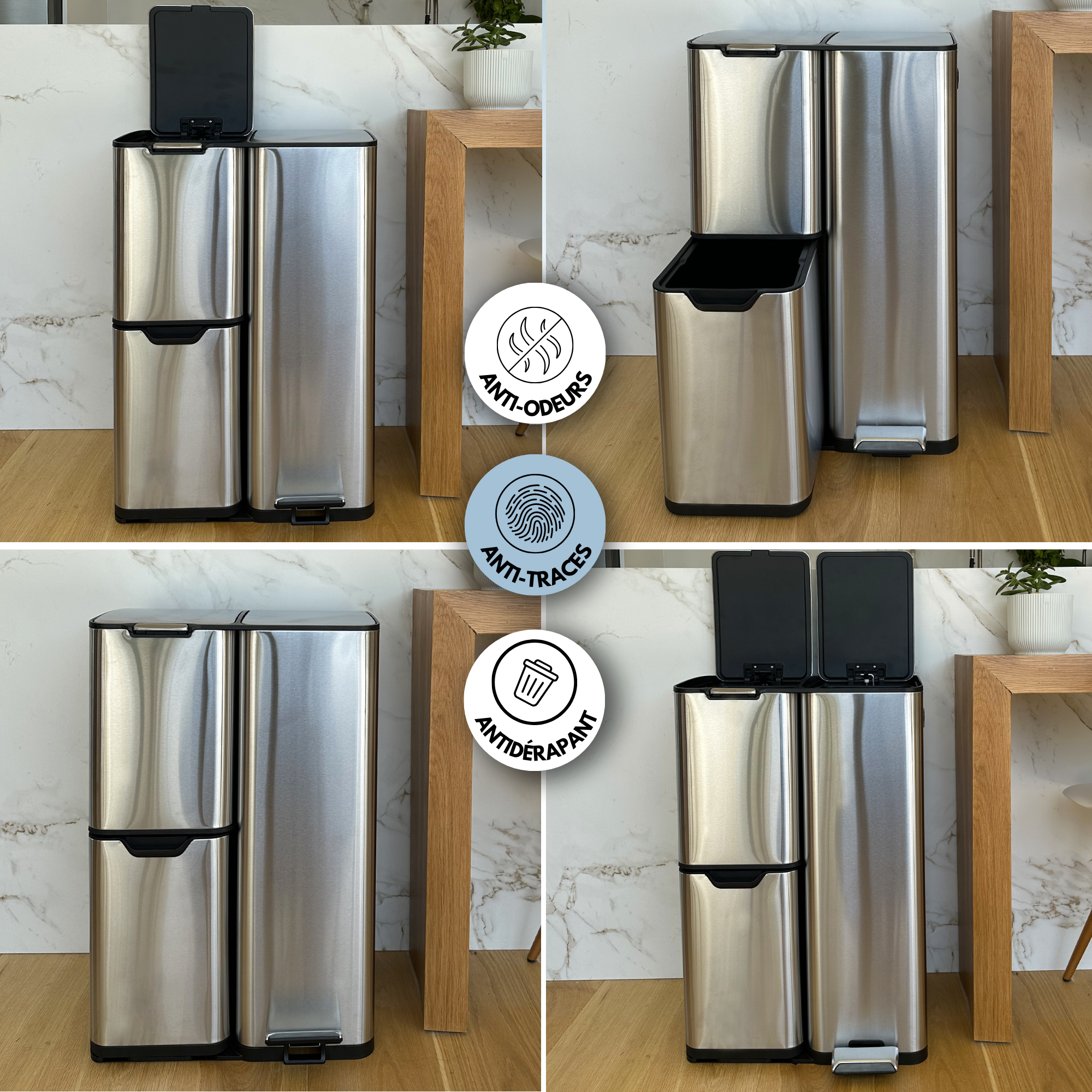 Red Deco Haja 60L poubelle tri 3 bacs inox à pédale