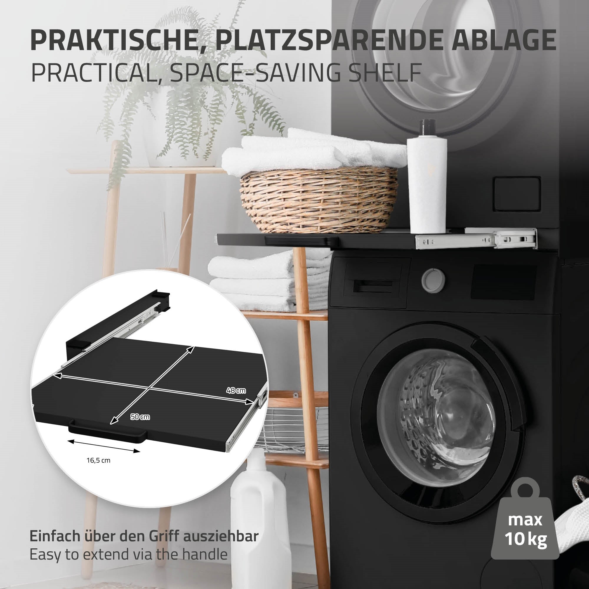 ECD Germany Cadre Superposition Lave-Linge 60x60 Noir Tablette