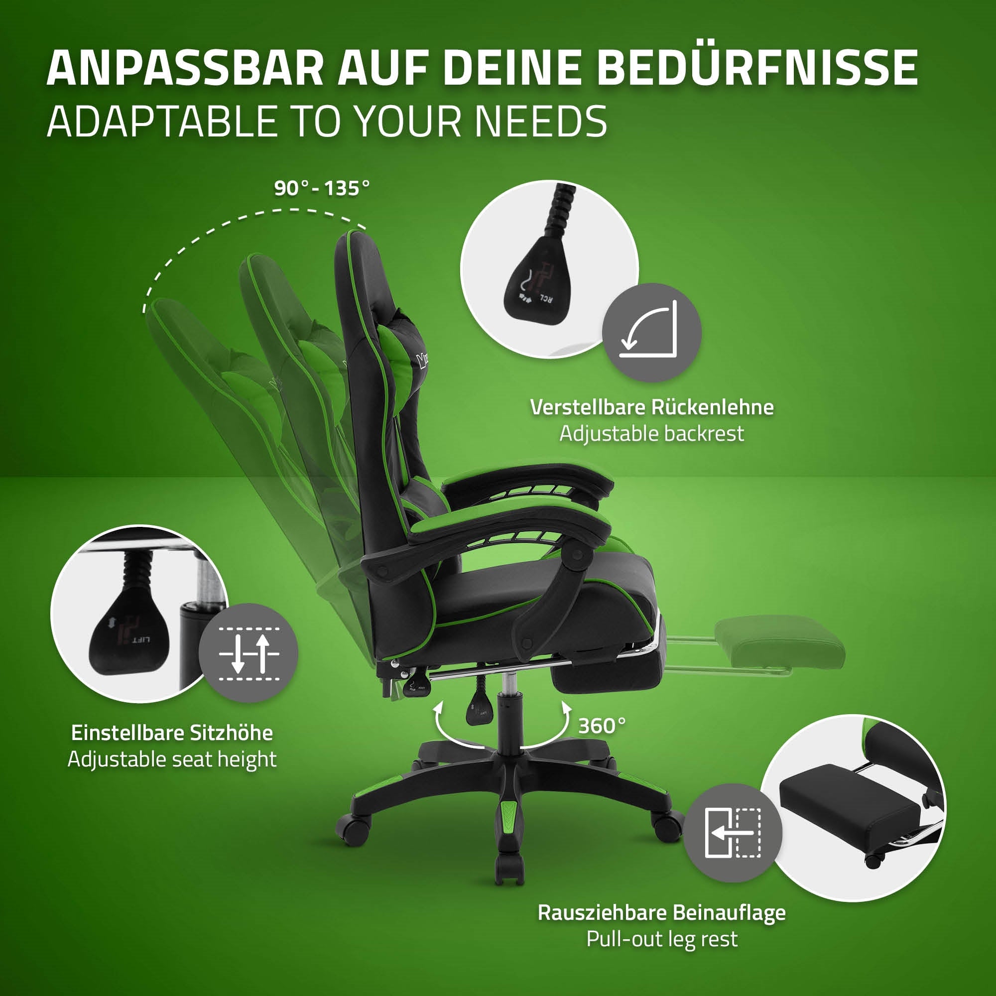 ECD Germany Möbel ML-Design Chaise gaming Simili cuir Noir-Vert
