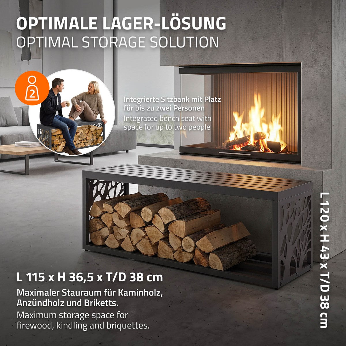 ECD Germany Range-Bûches Banc Acier Anthracite 120x38x43 cm