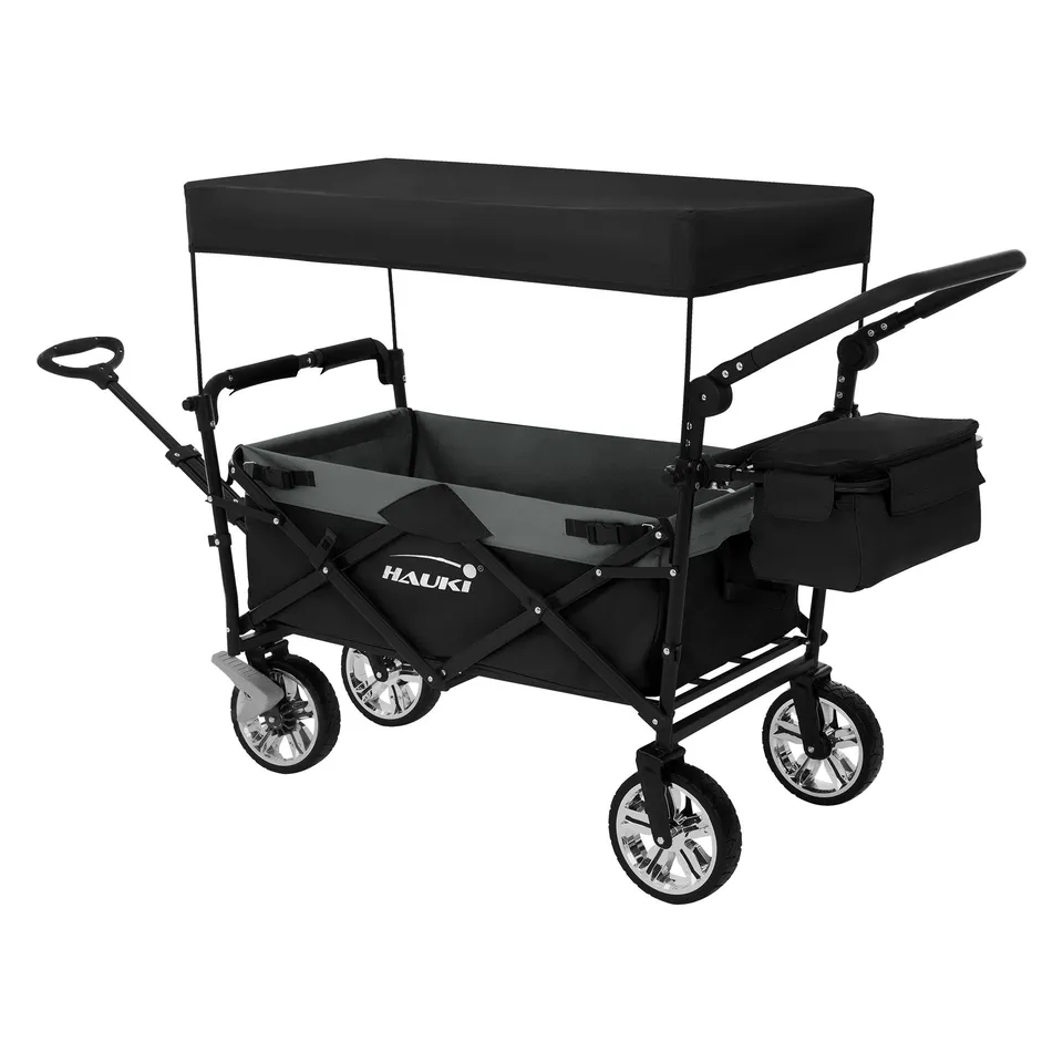 Hauki chariot pliable XXL 120kg noir-gris avec toit et sac