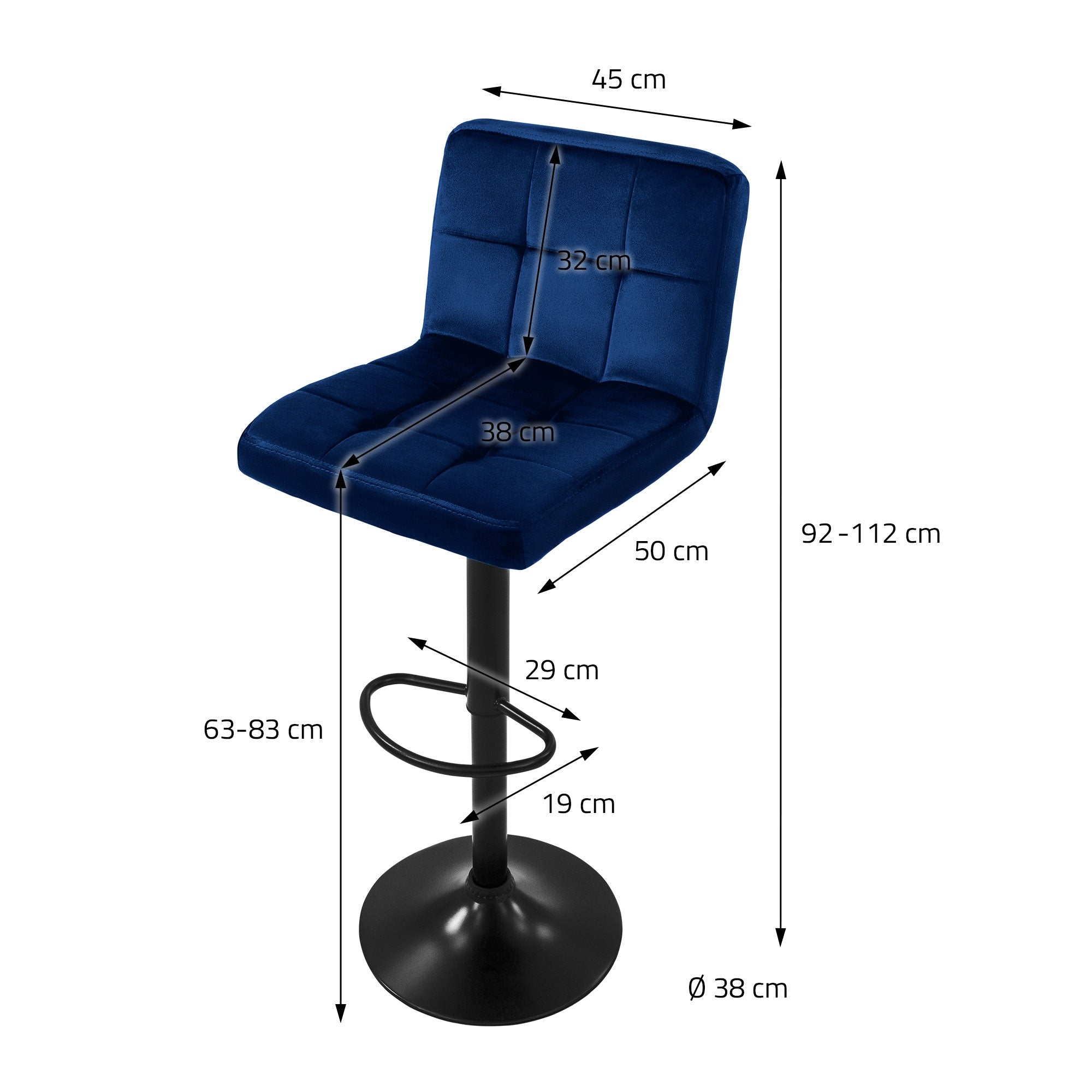 ML-Design tabouret bar velours bleu 63-83 cm lot 4