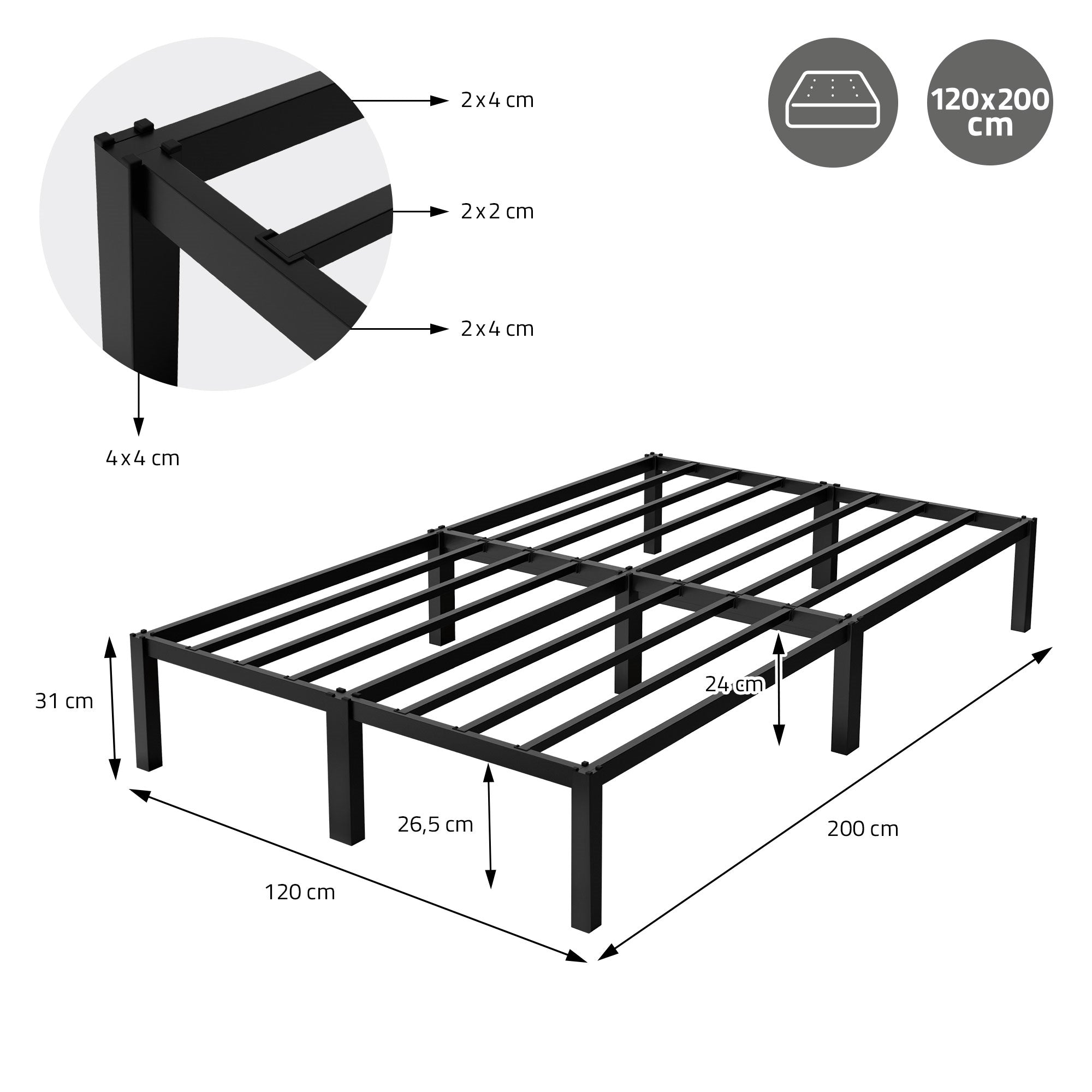 ECD Germany Möbel Cadre de lit métal noir 120x200 sommier inclus