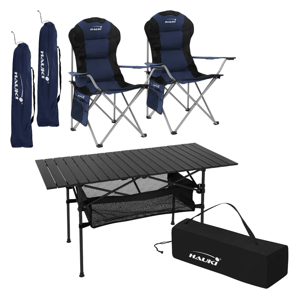 Hauki Ensemble camping 3 pièces table noire + 2 chaises bleues