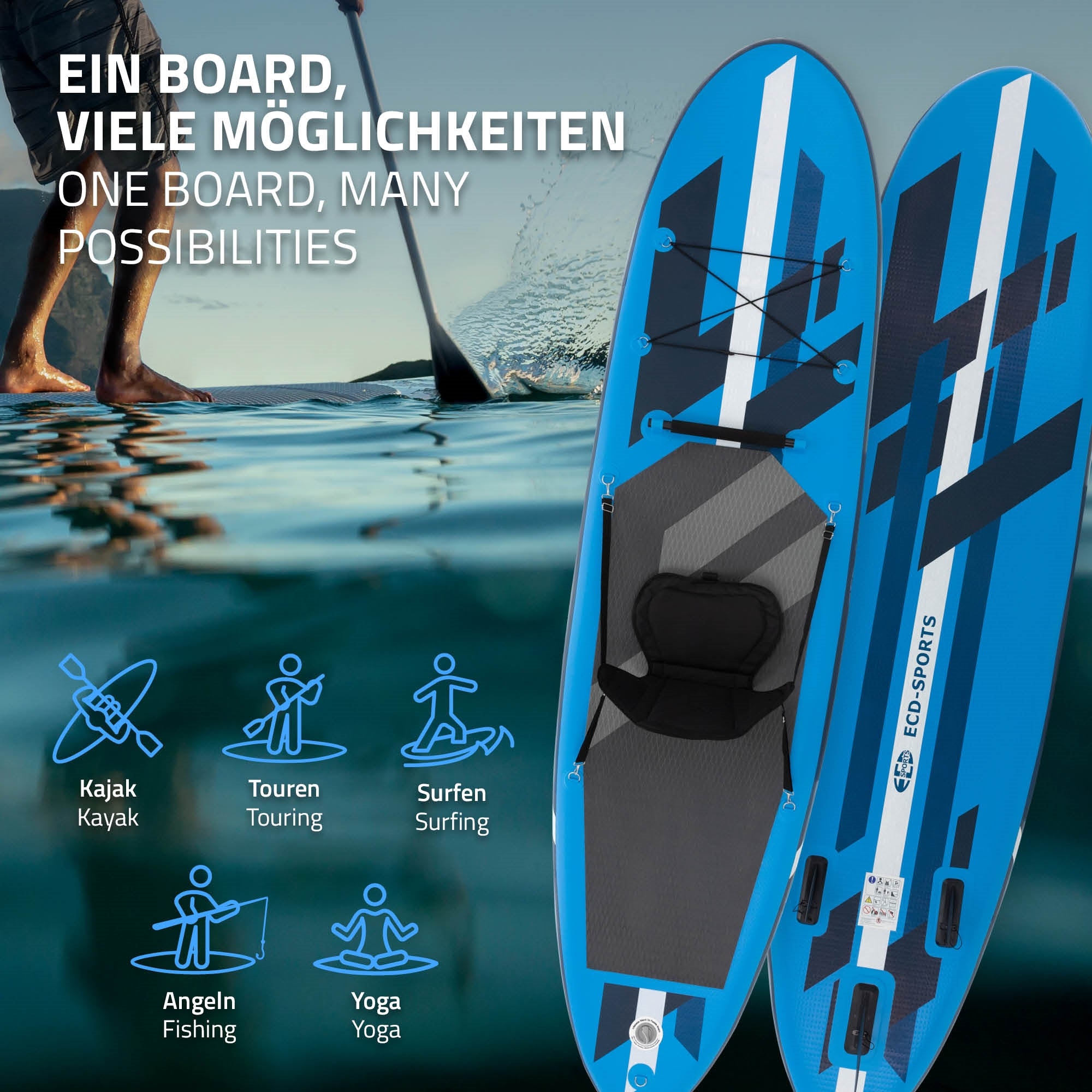 ECD Germany Paddle gonflable SUP 320 cm bleu PVC siège kayak