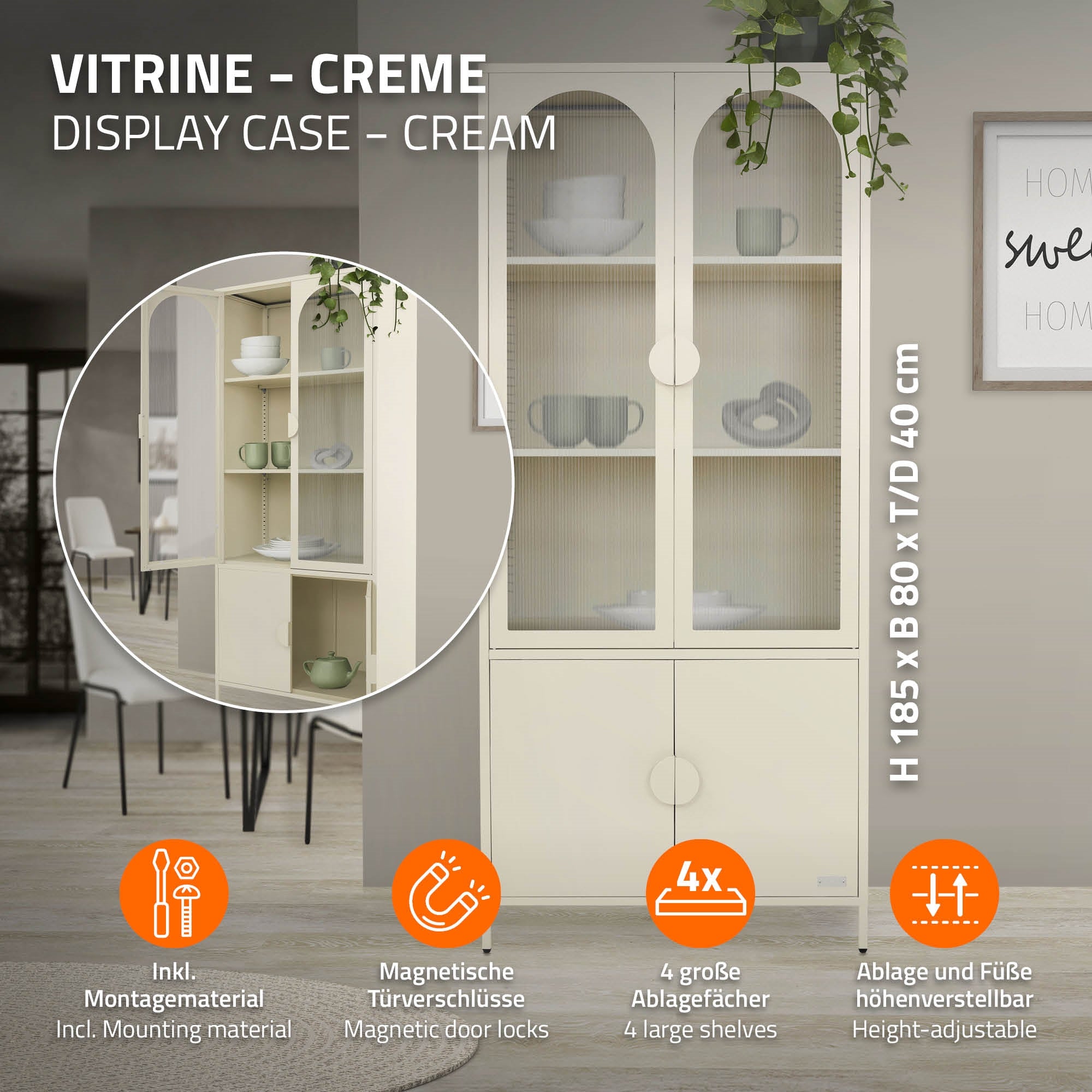 ECD Germany Möbel Vitrine 80x185x40 cm Crème 4 Portes