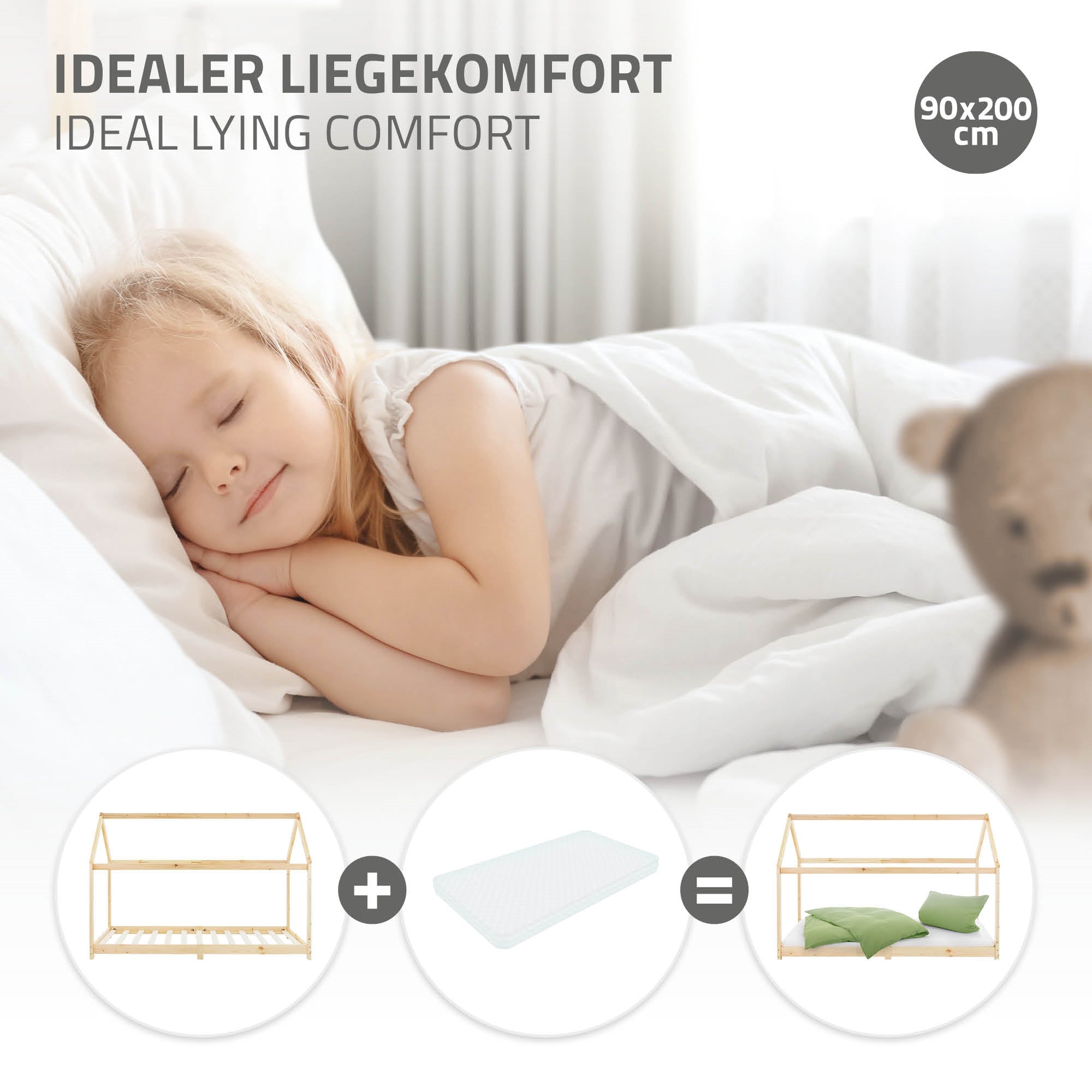 ECD Germany Kinder lit cabane 90x200 pin avec toit