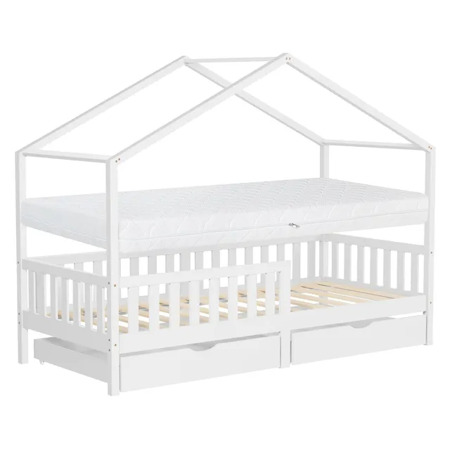 ECD Germany Kinder Lit cabane Blanc 90x200 + Matelas 16 cm