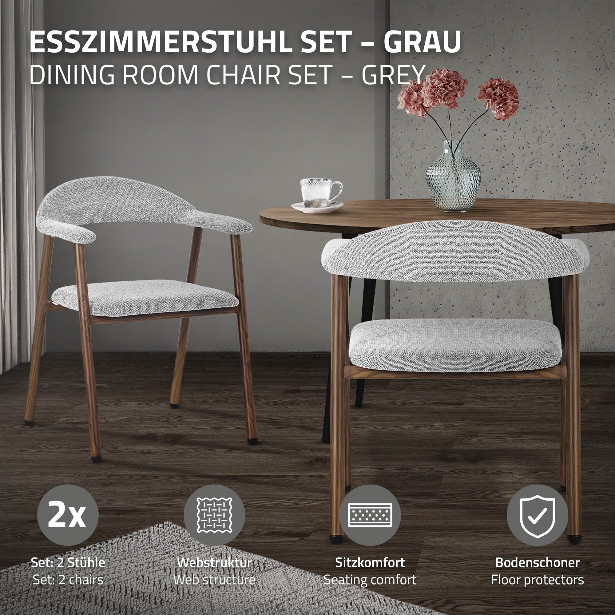 ML-Design chaises salle à manger grises lot de 2 avec accoudoirs