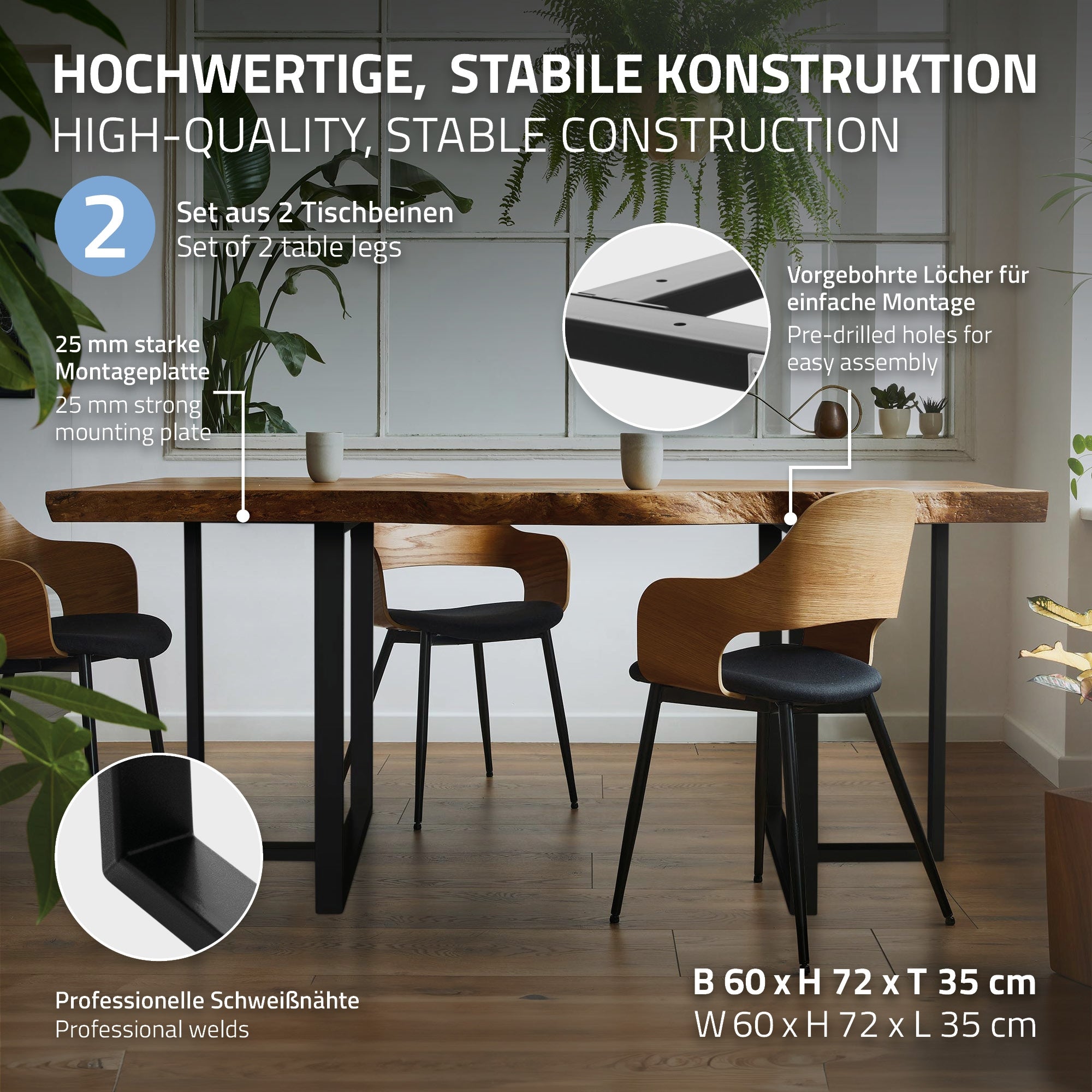 ECD Germany Möbel Lot 2 Pieds de Table T Noir 60x72 cm