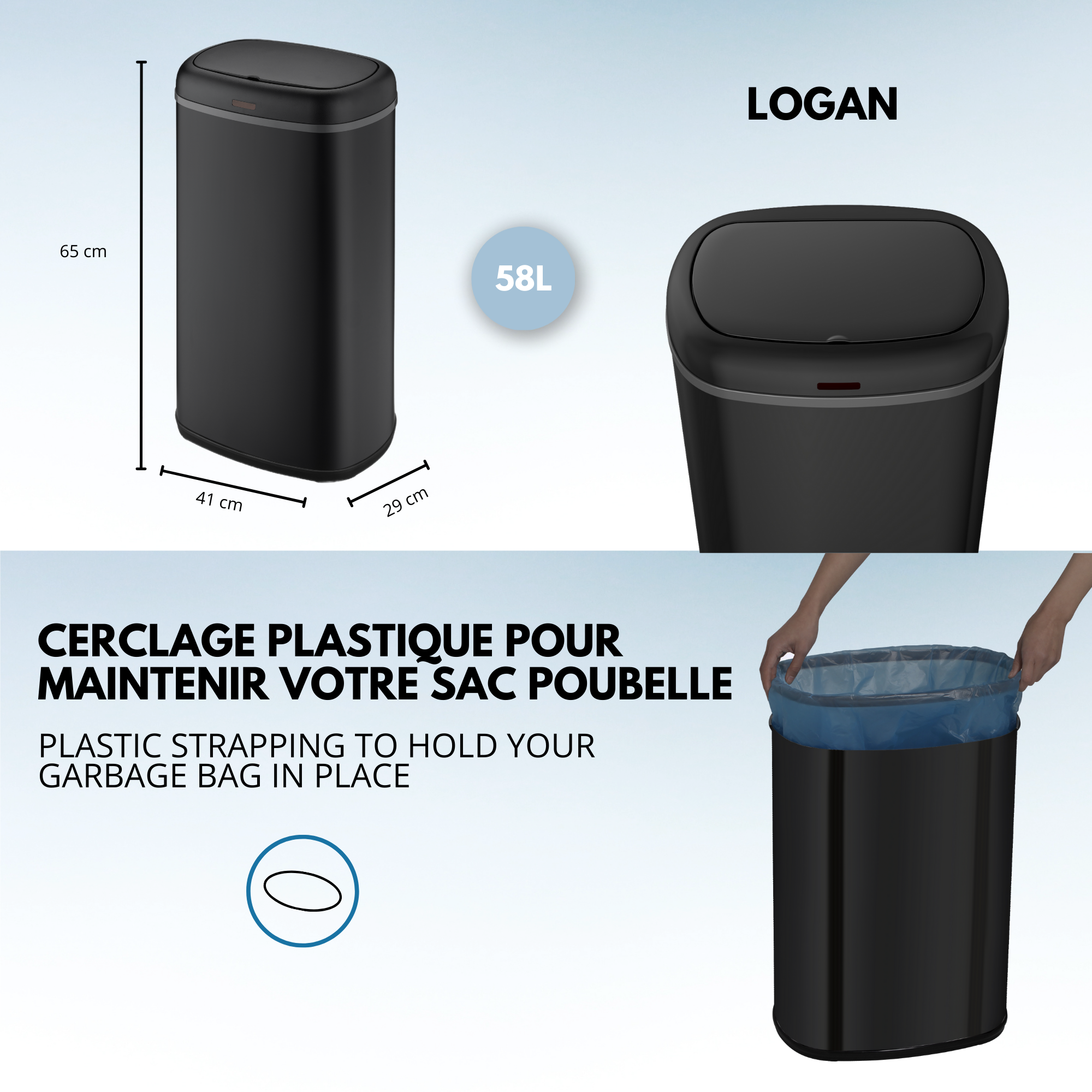 Red Deco Logan 58L poubelle automatique noir mat inox