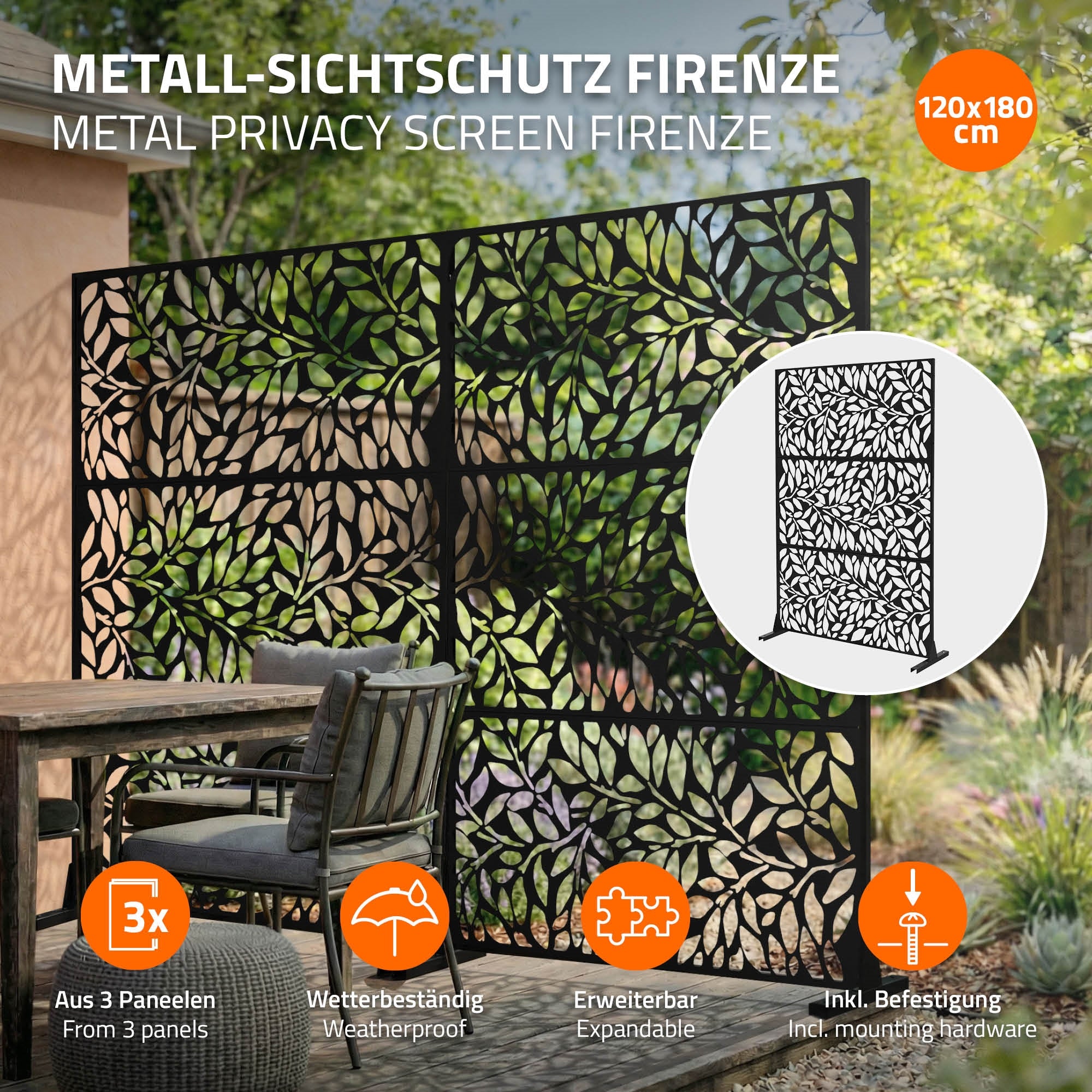 ECD Germany Möbel paravent Firenze 120x180 noir acier