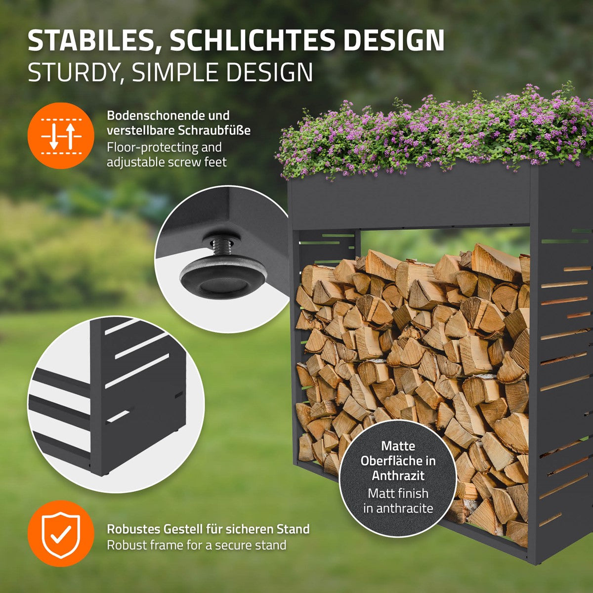ECD Germany Garten porte-bûches 112x111 cm anthracite avec jardinière