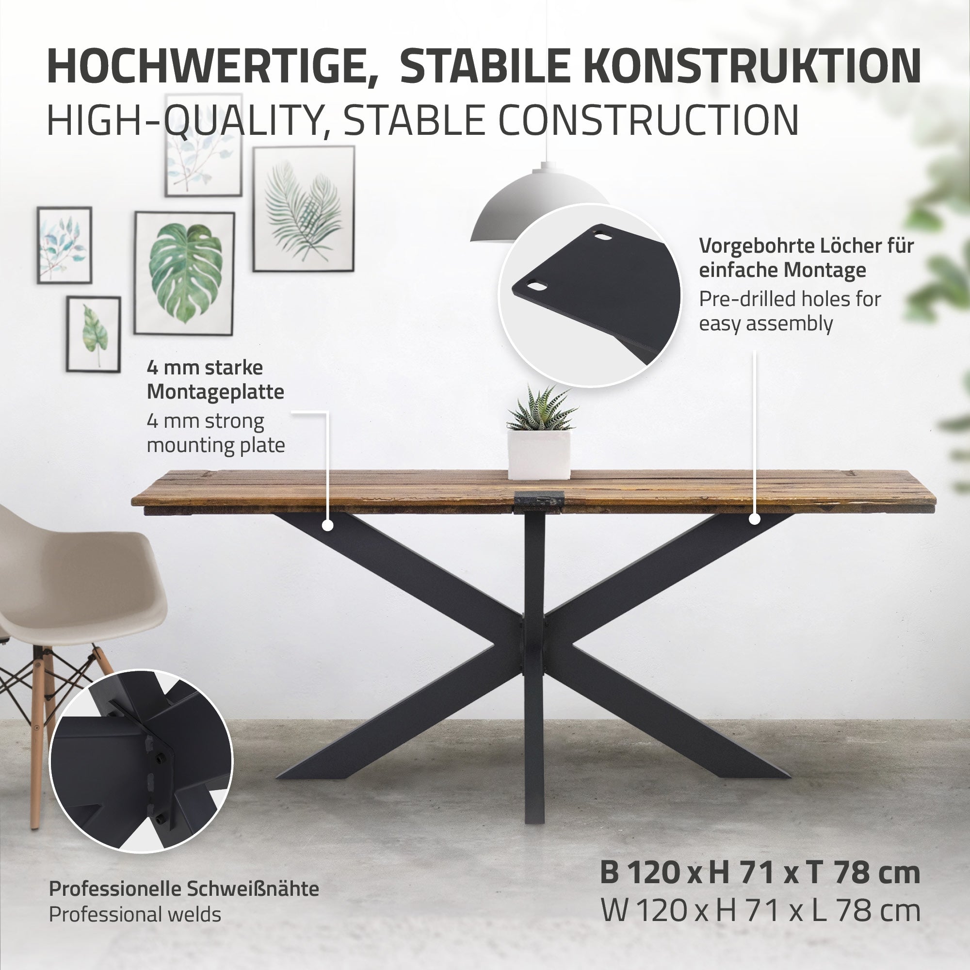ECD Germany ML-Design pieds de table X noir 120x71cm métal