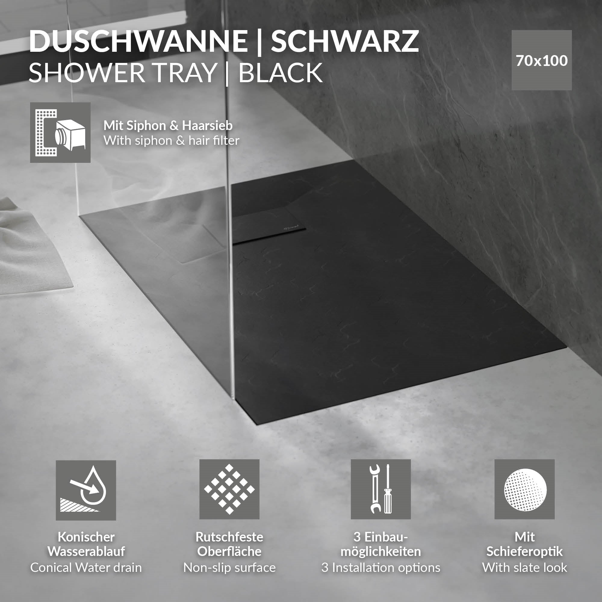ECD Sanitär LuxeBath Receveur 100x70cm Noir Extra-plat