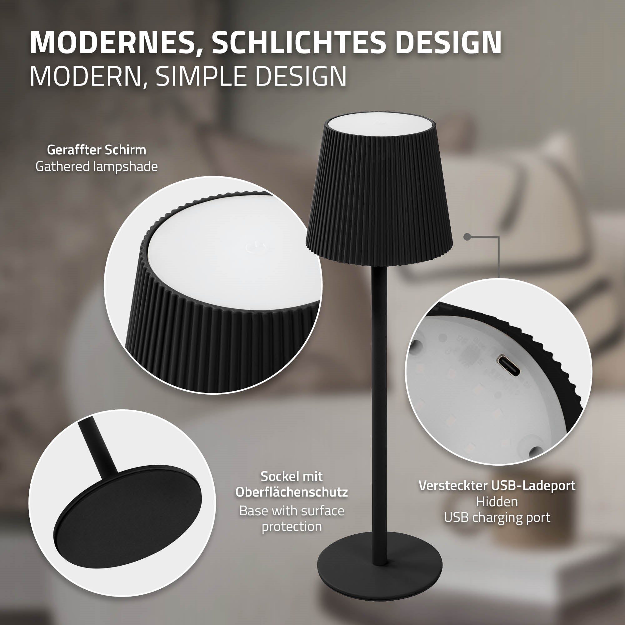 ECD Germany Möbel ML-Design lampe table LED sans fil tactile USB-C noire