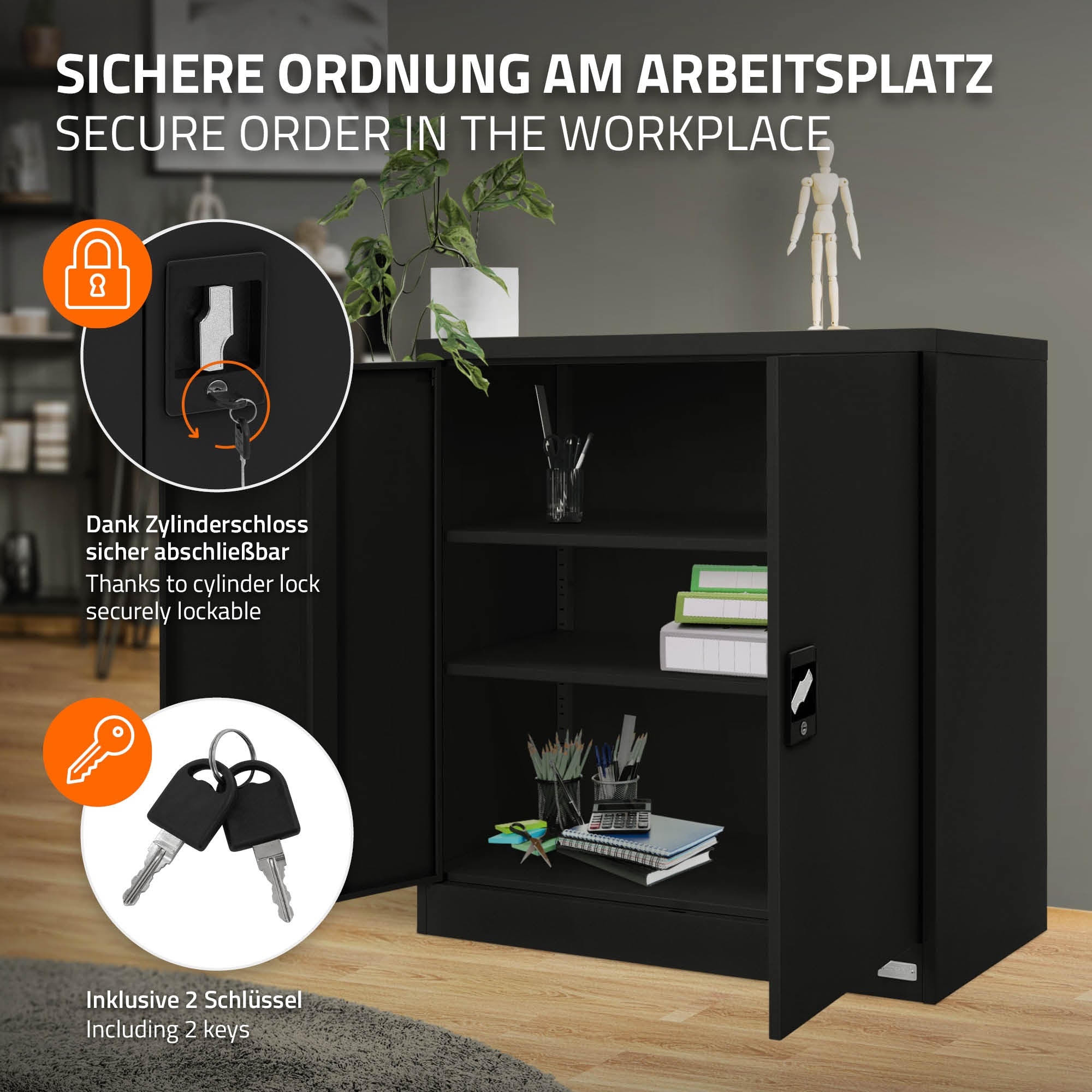 ECD ML-Design Armoire bureau verrouillable 90x40x90 cm Noir