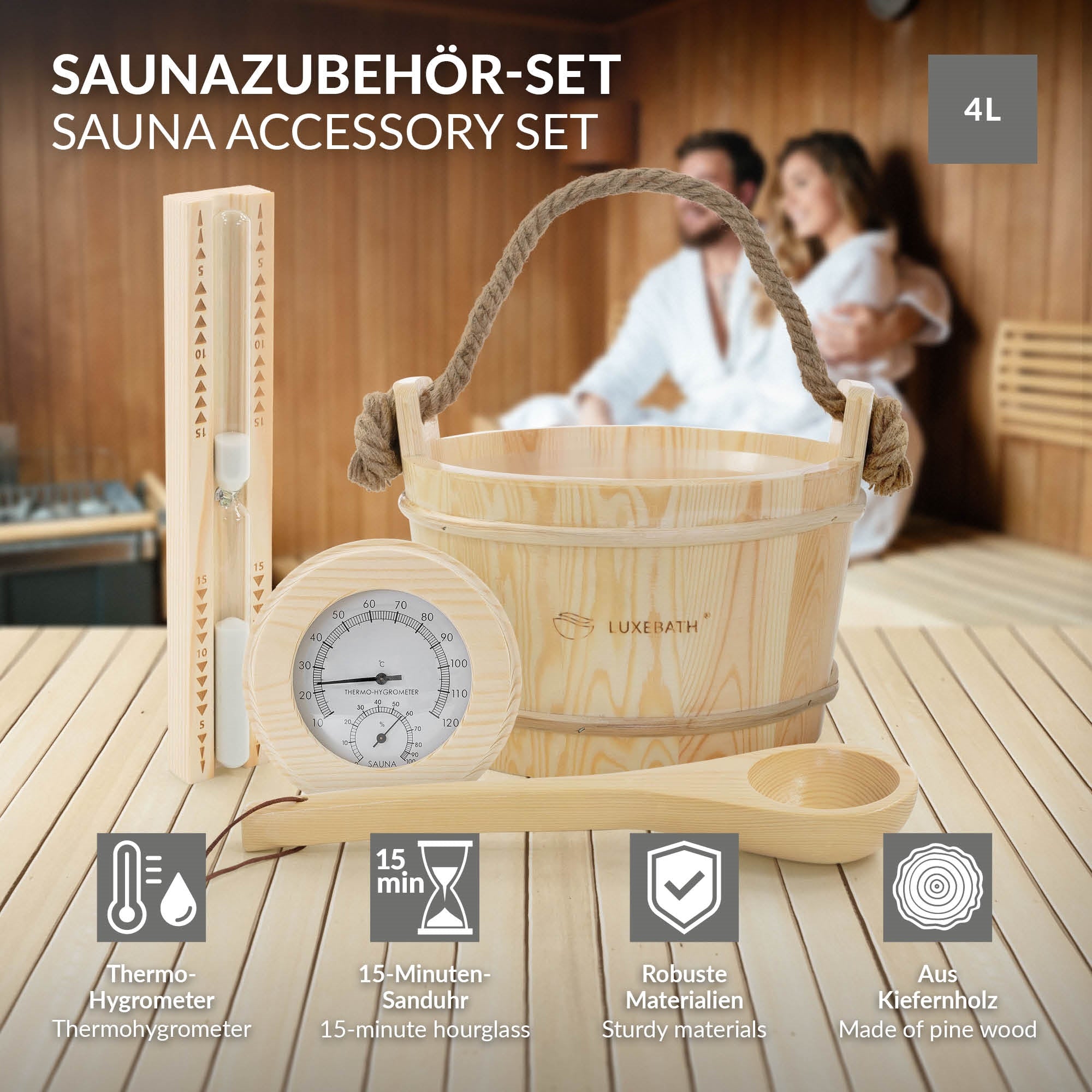 ECD Germany LuxeBath kit sauna 4 pièces pin seau 4L