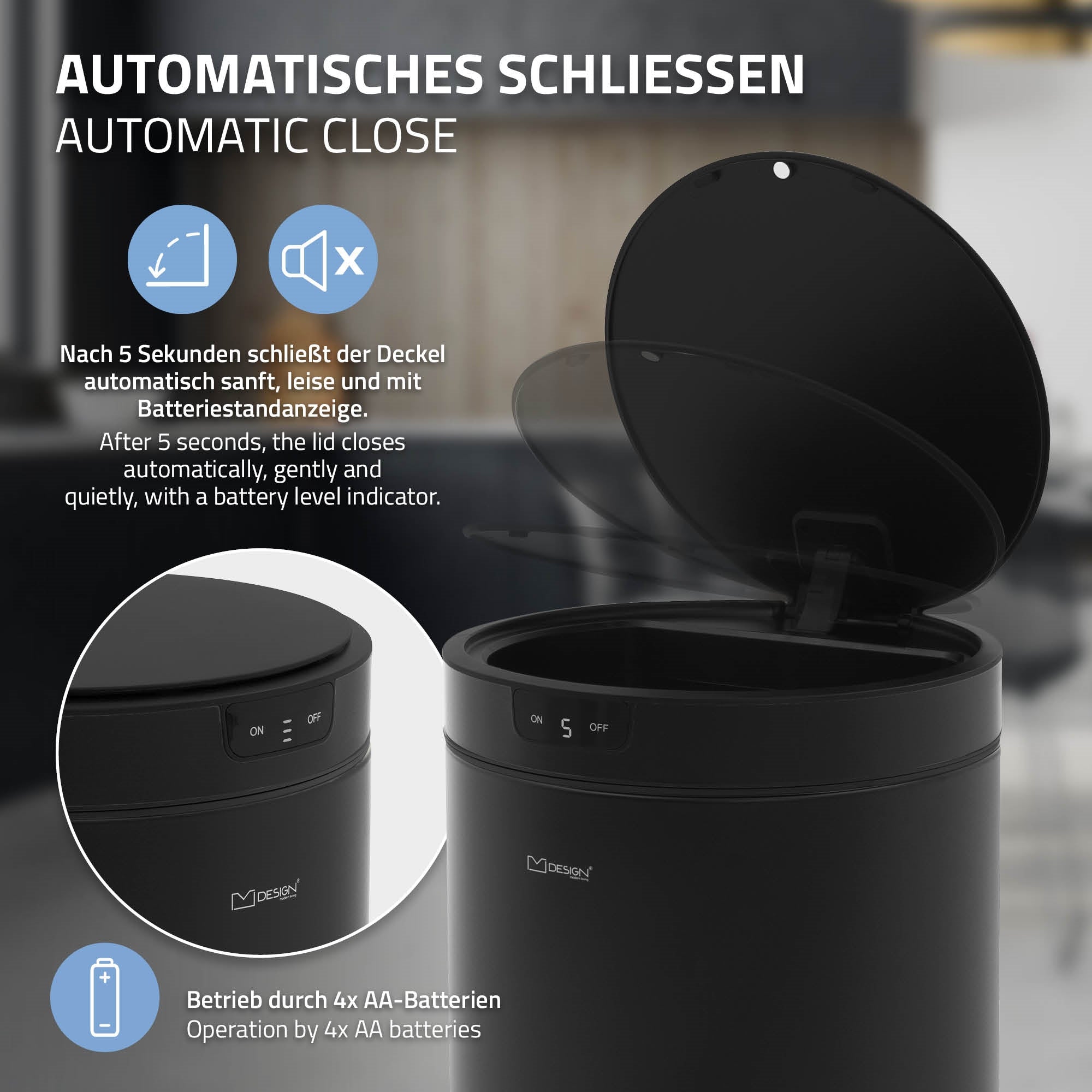 ECD Germany Möbel poubelle capteur 30L acier noir mat ronde